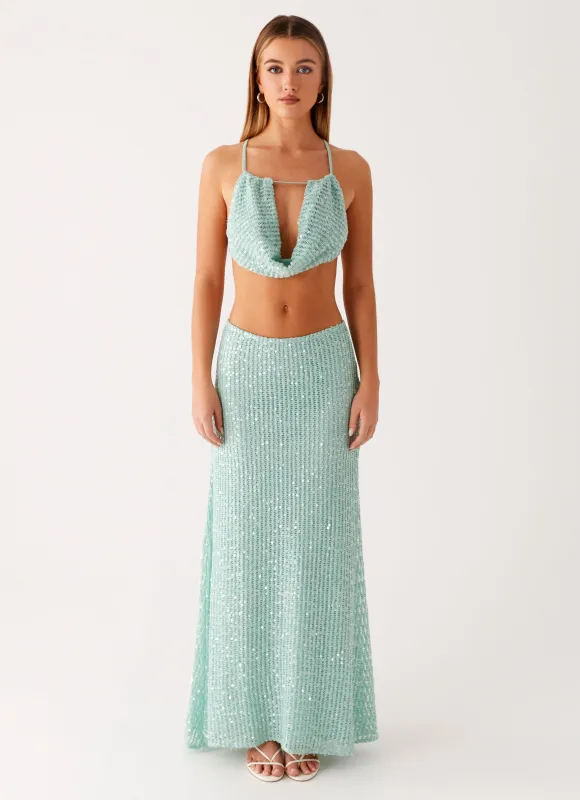 Amoura Sequin Low Rise Maxi Skirt - Mint Sage sold by Peppermayo