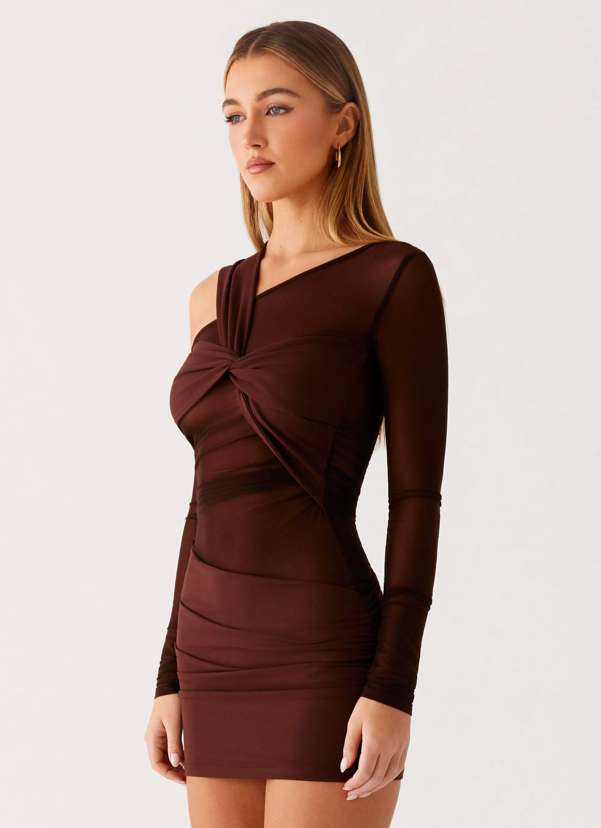 Ophelie Asymmetric Long Sleeve Mini Dress - Chocolate sold by Peppermayo product image thumbnail 2