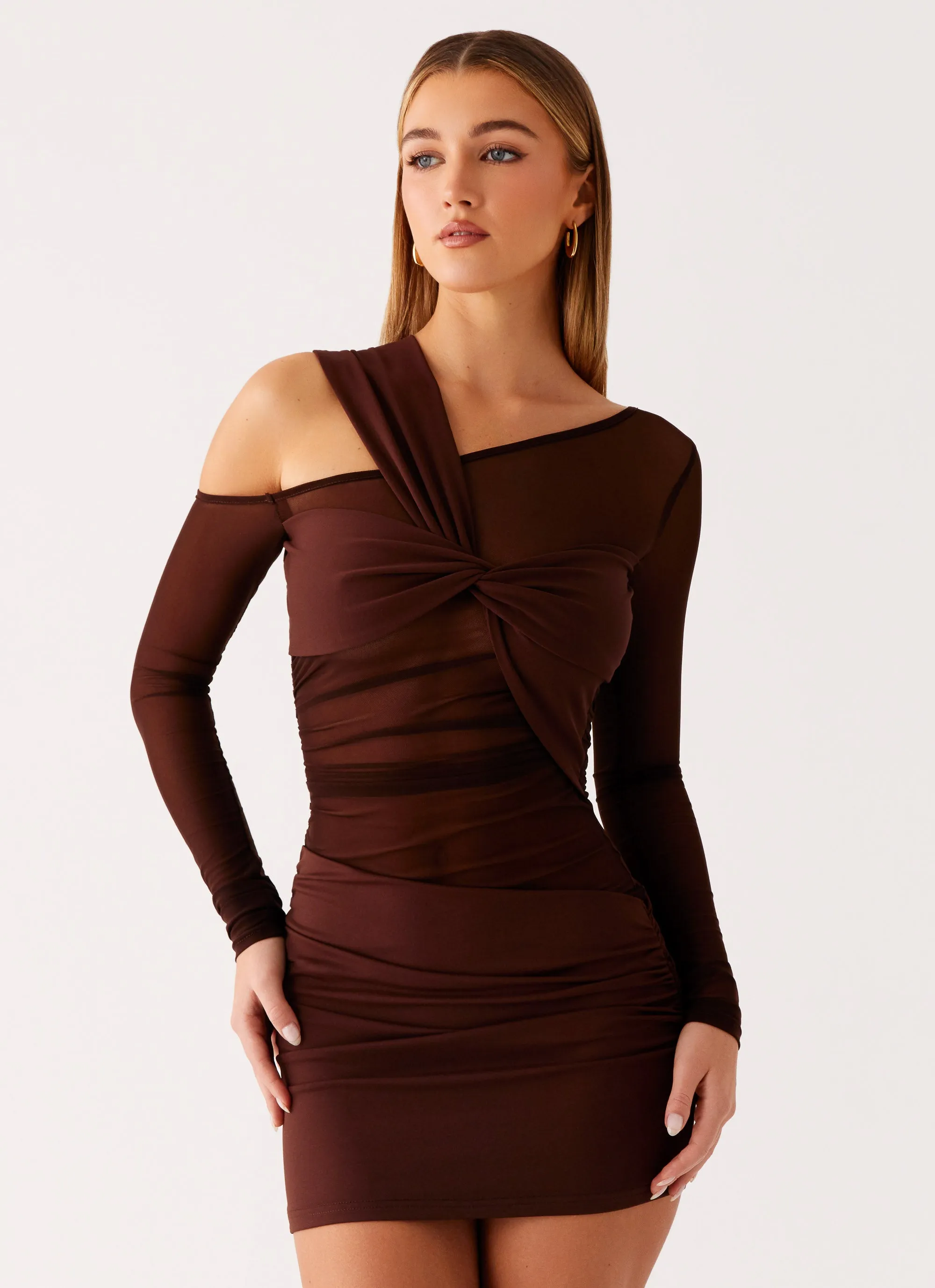 Ophelie Asymmetric Long Sleeve Mini Dress - Chocolate sold by Peppermayo product image thumbnail 5