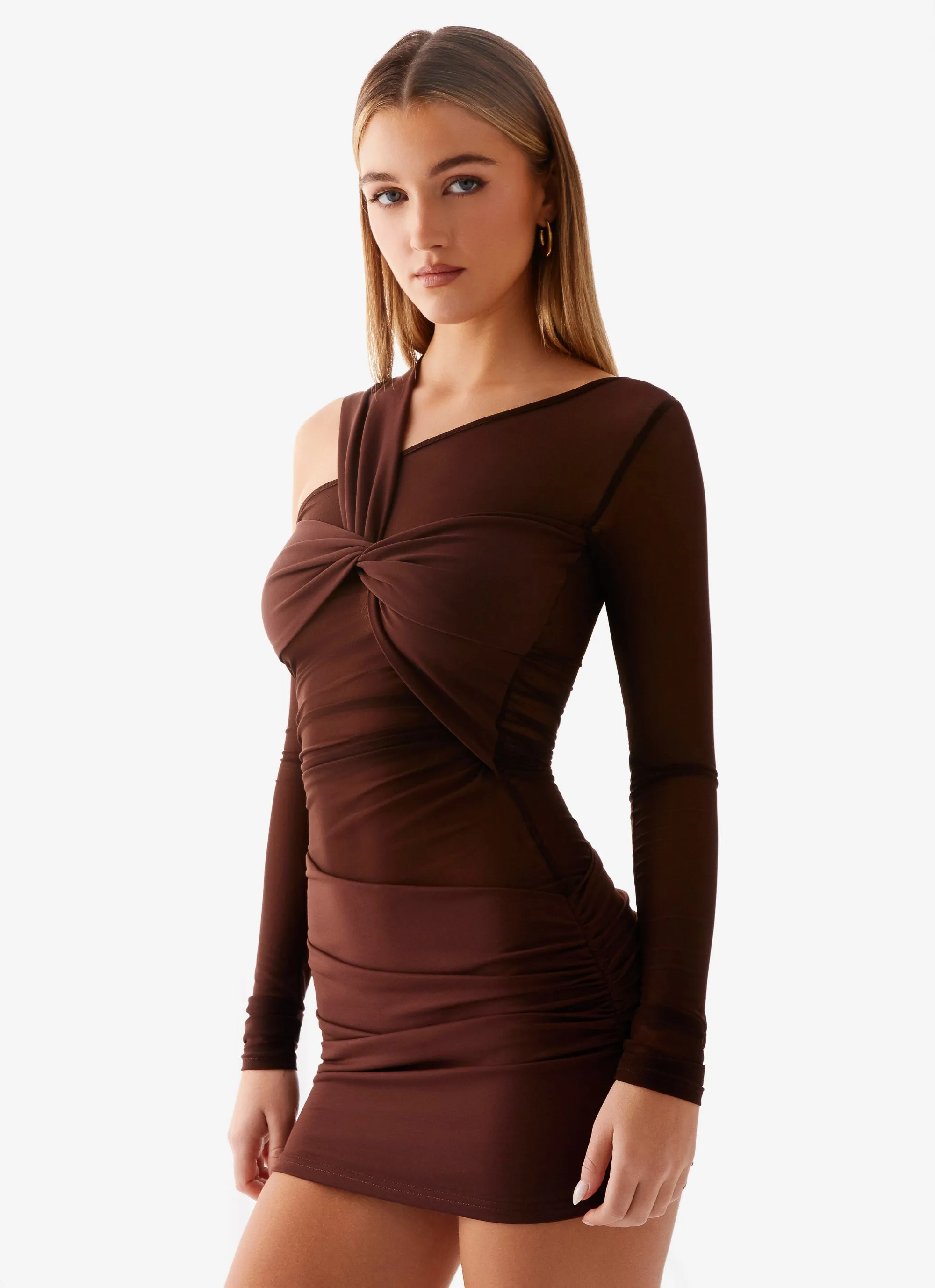 Ophelie Asymmetric Long Sleeve Mini Dress - Chocolate sold by Peppermayo