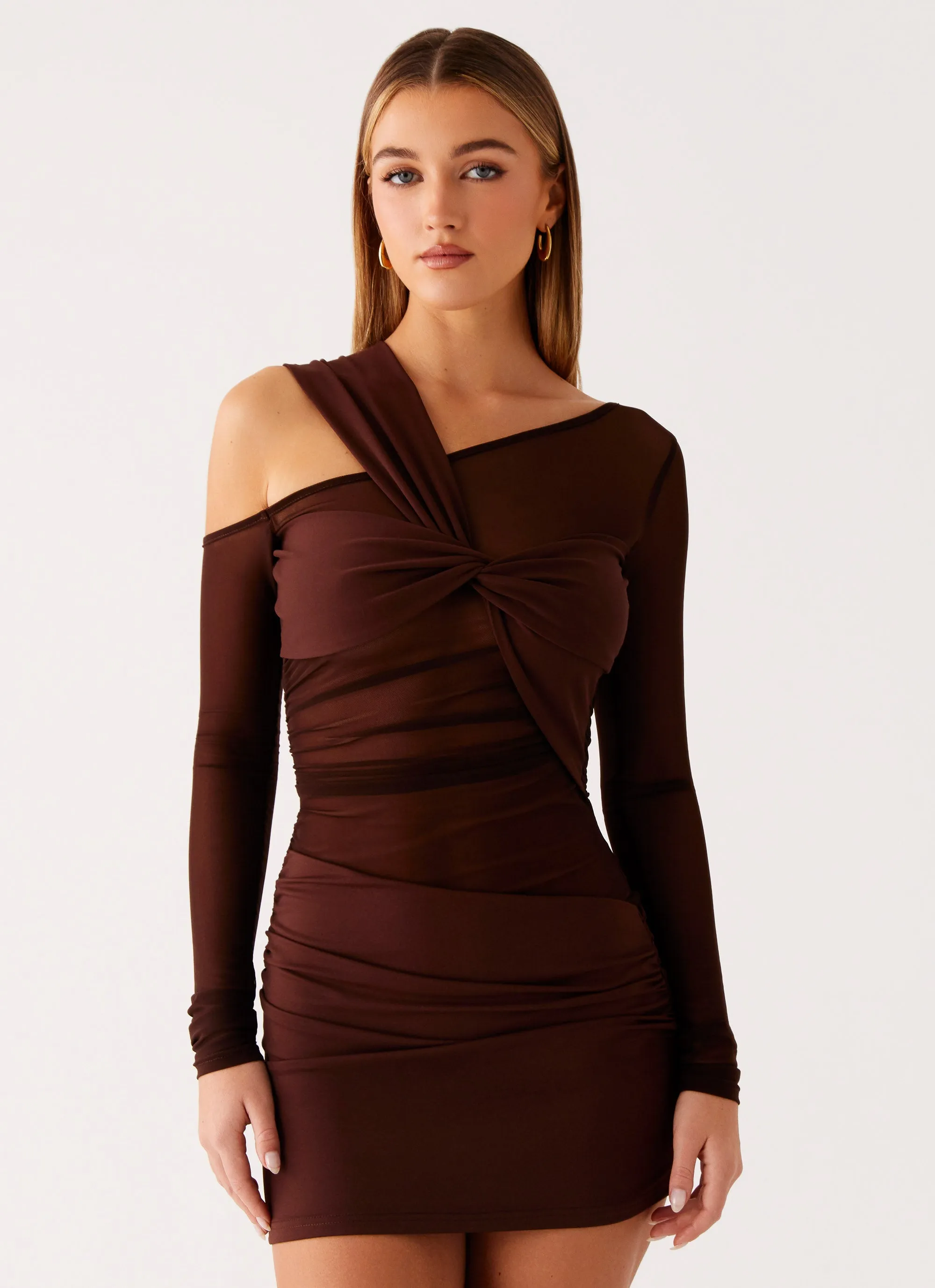 Ophelie Asymmetric Long Sleeve Mini Dress - Chocolate sold by Peppermayo product image thumbnail 4