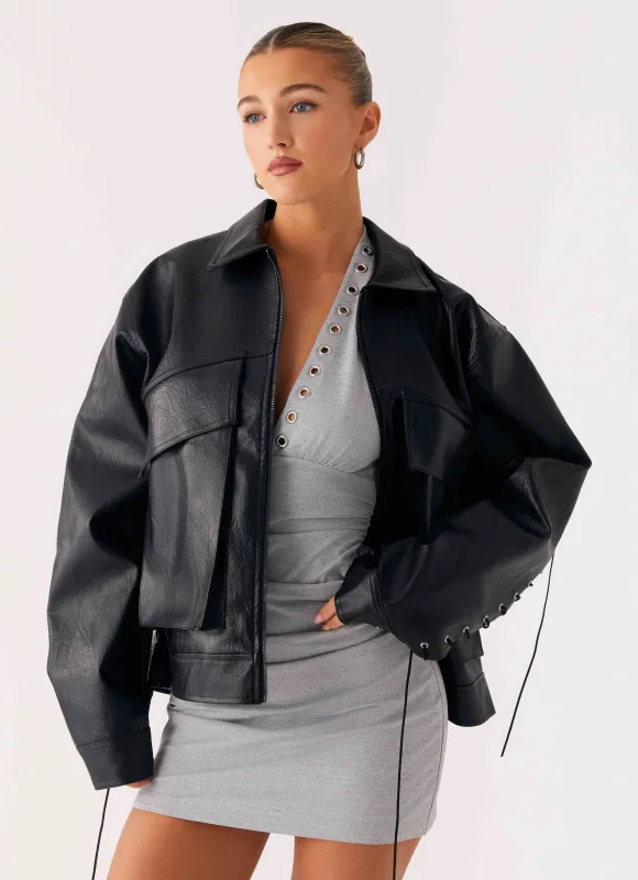Lula Tassle Faux Leather Bomber Jacket - Black made by Peppermayo