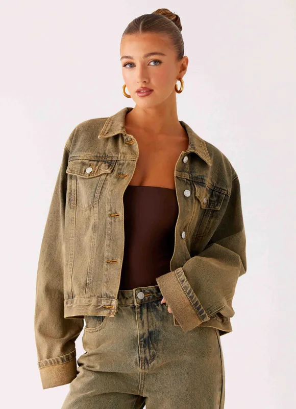 Back Again Oversized Denim Jacket - Brown Sand Wash sold by Peppermayo