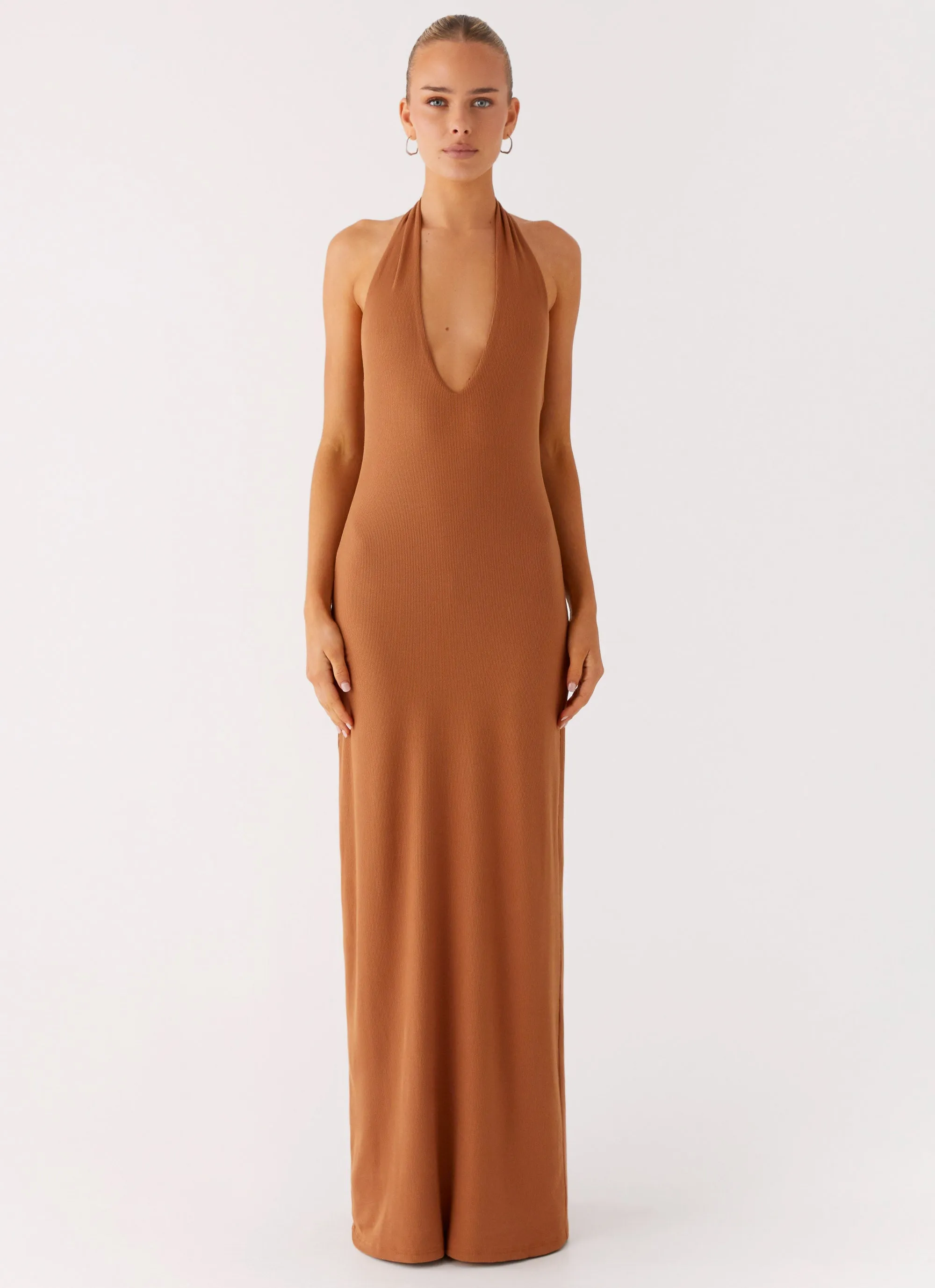 Plunge For You Maxi Dress - Tan sold by Peppermayo