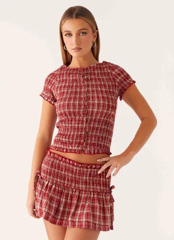 Lenore Button Top - Ruby Check sold by Peppermayo
