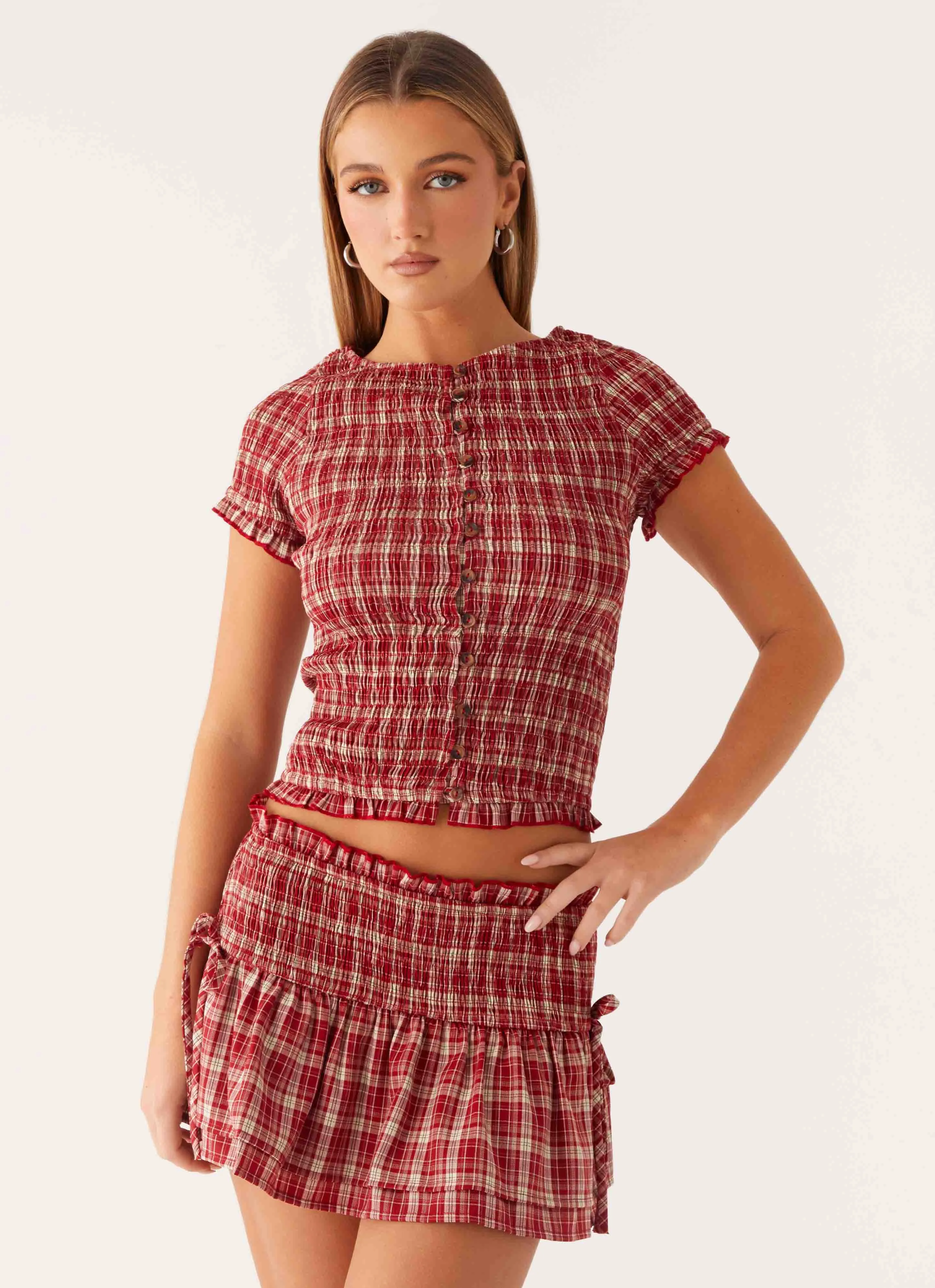 Lenore Button Top - Ruby Check sold by Peppermayo