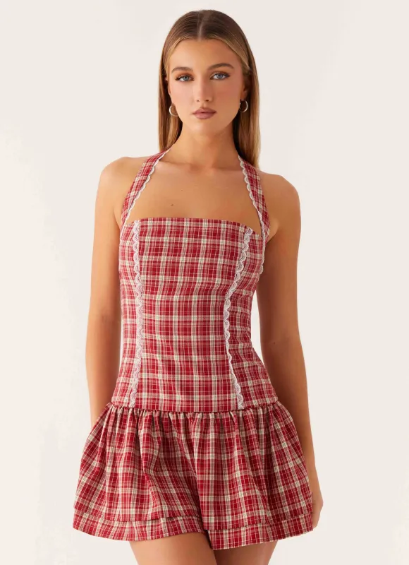 Lotus Dream Mini Dress - Ruby Check sold by Peppermayo