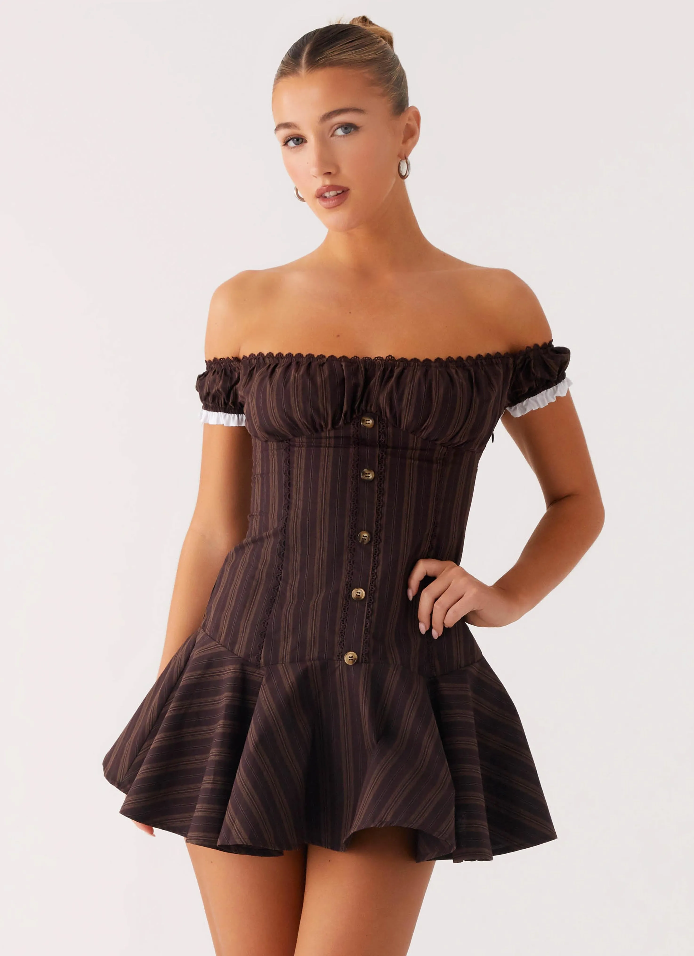 Jumana Off Shoulder Mini Dress - Toffee Stripe sold by Peppermayo