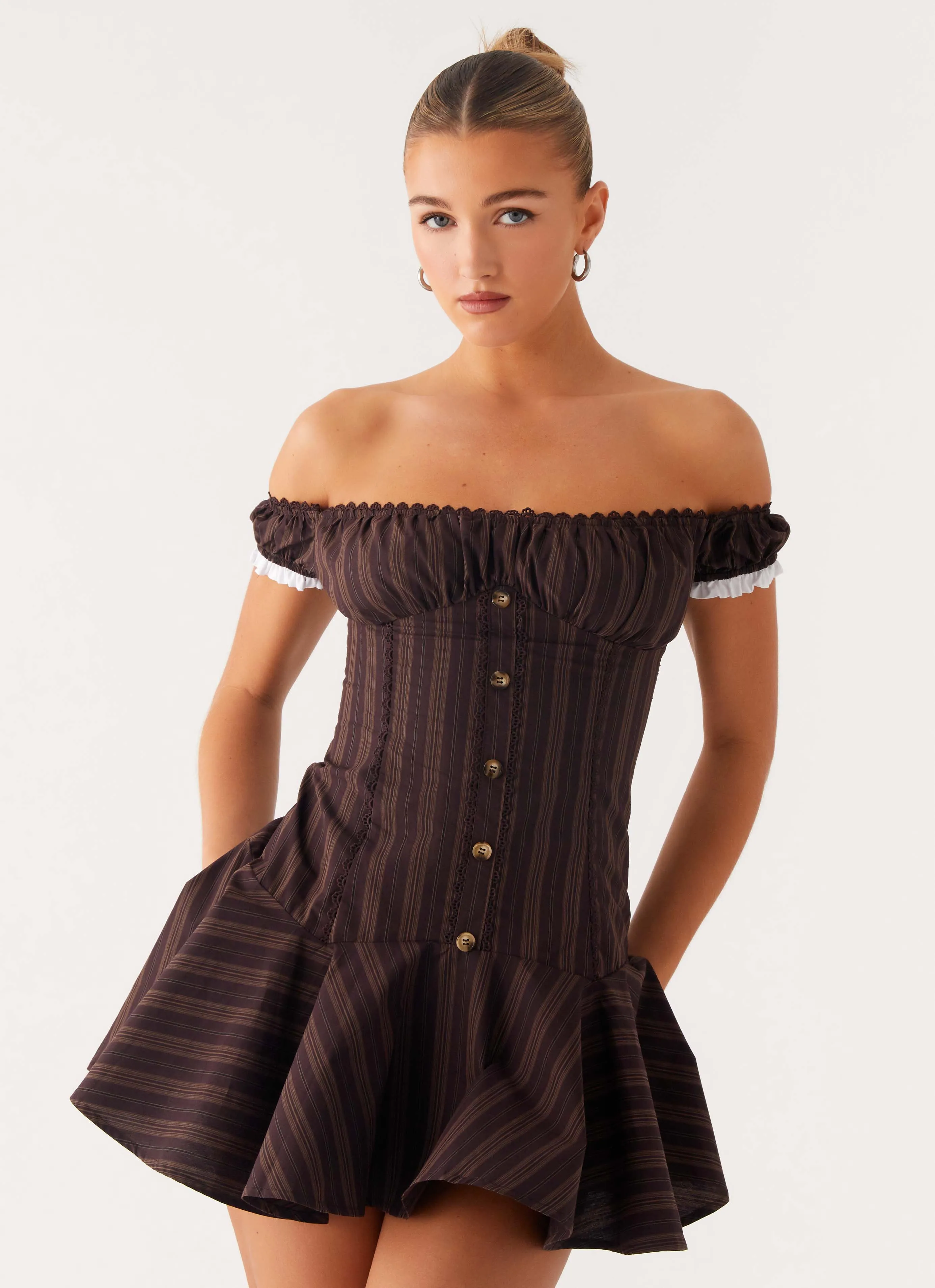 Jumana Off Shoulder Mini Dress - Toffee Stripe sold by Peppermayo product image thumbnail 5