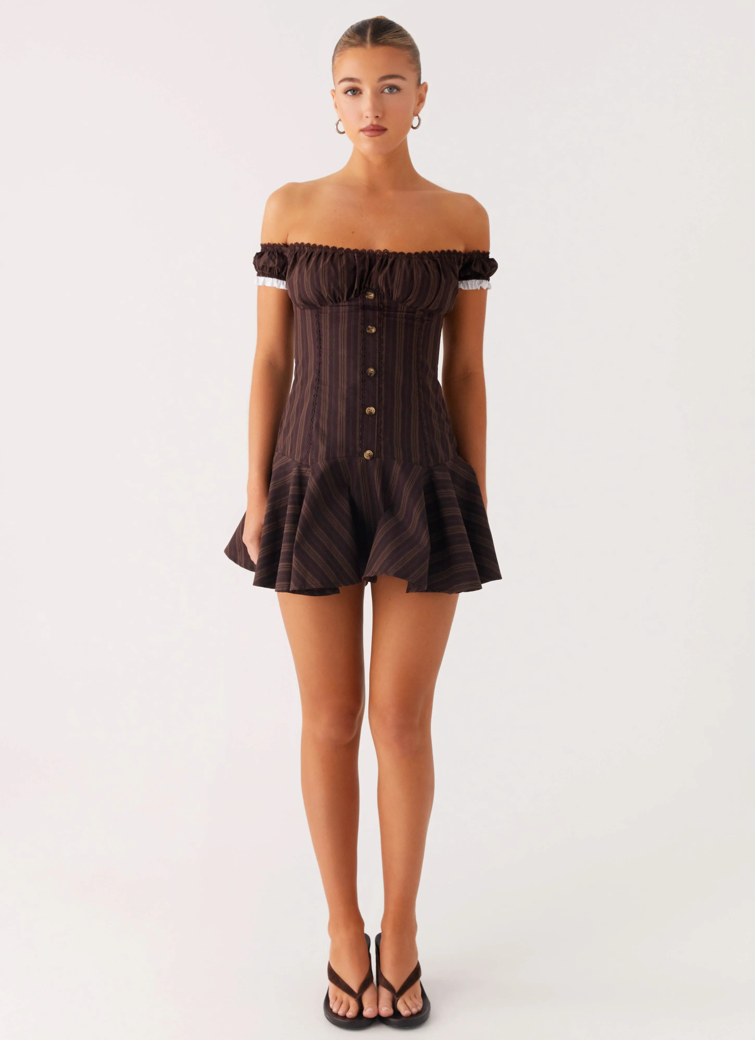 Jumana Off Shoulder Mini Dress - Toffee Stripe sold by Peppermayo product image thumbnail 4