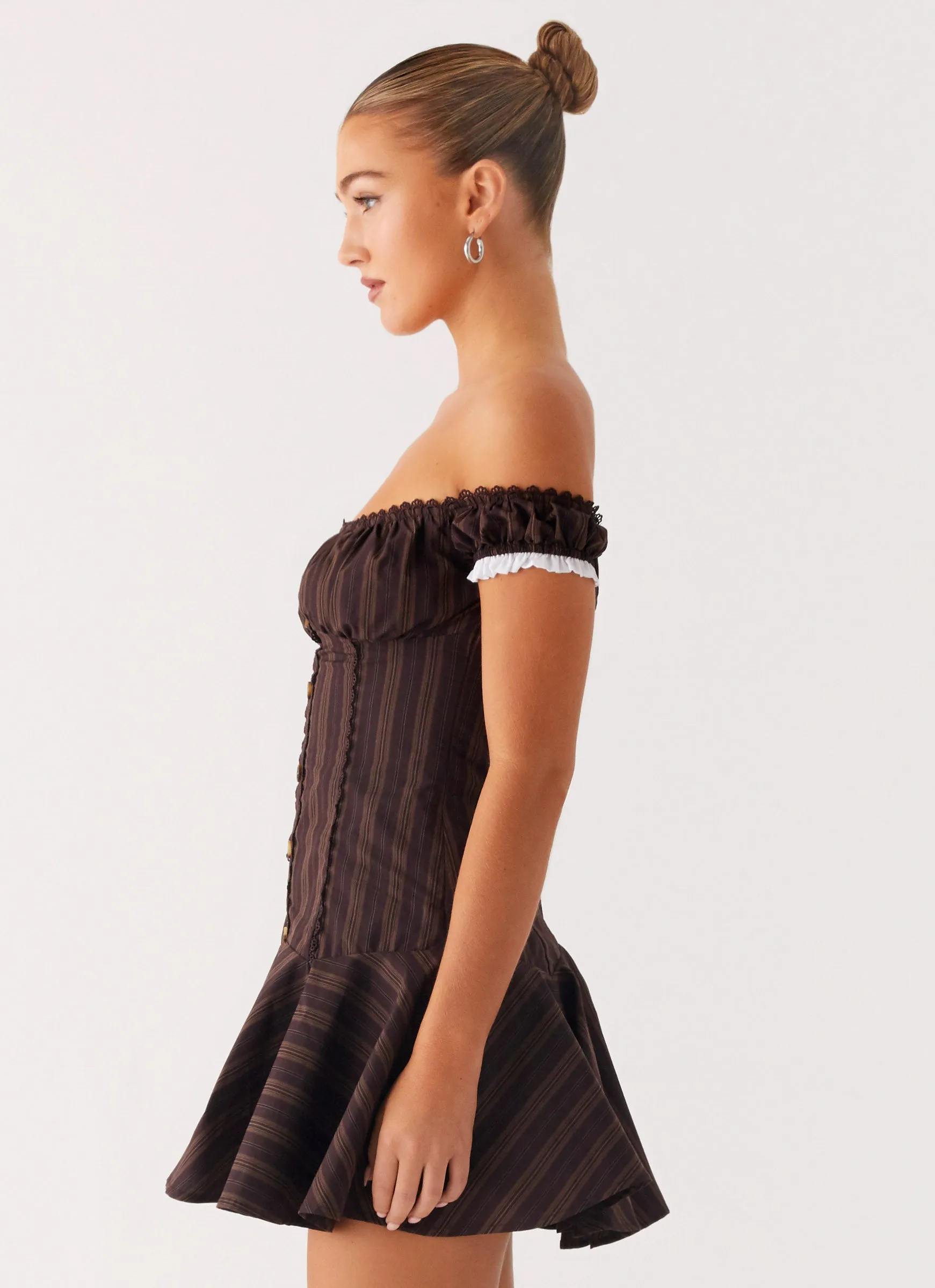 Jumana Off Shoulder Mini Dress - Toffee Stripe sold by Peppermayo product image thumbnail 2