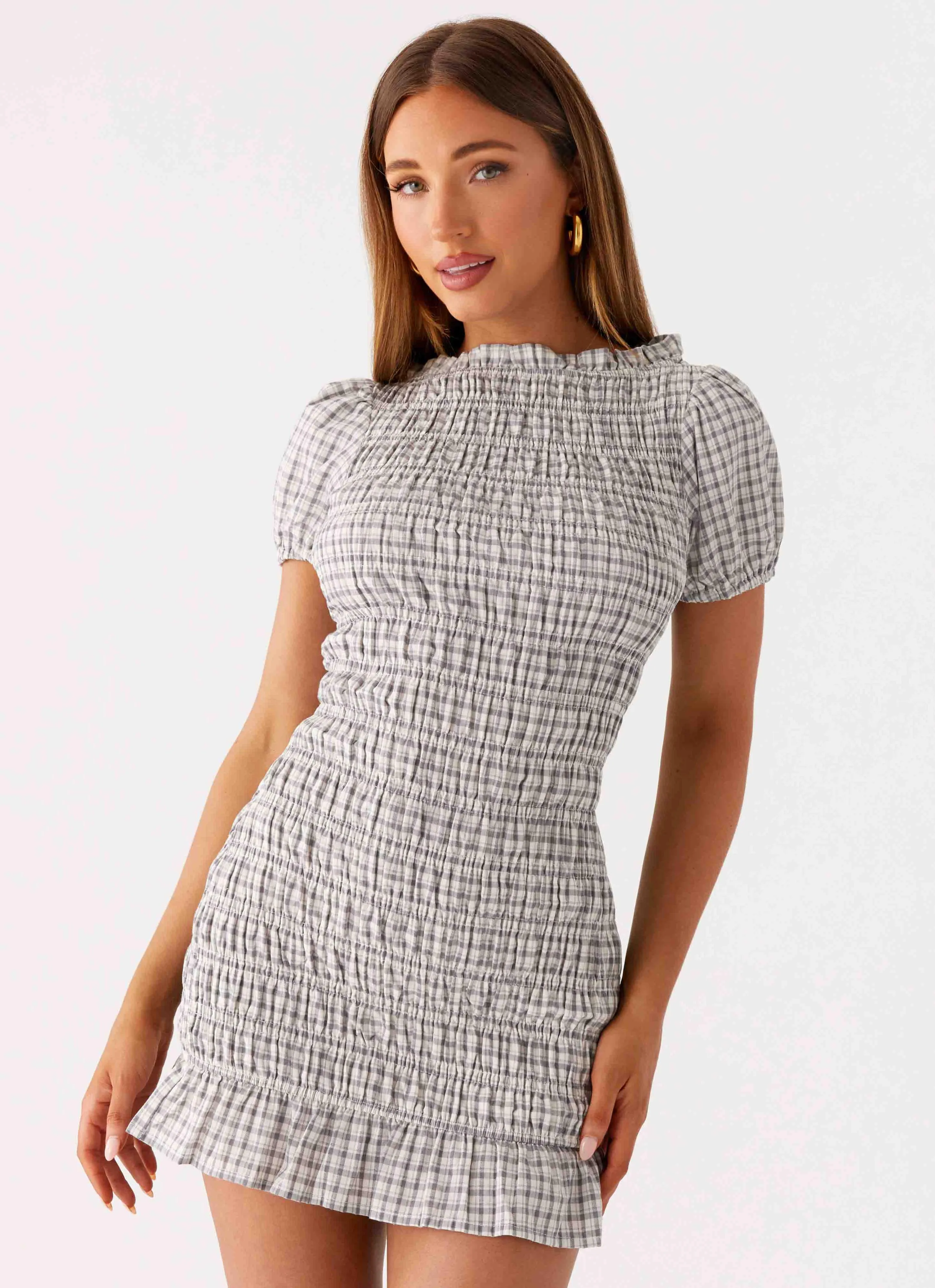 Millicent Ruched Mini Dress - Grey Check sold by Peppermayo product image thumbnail 4