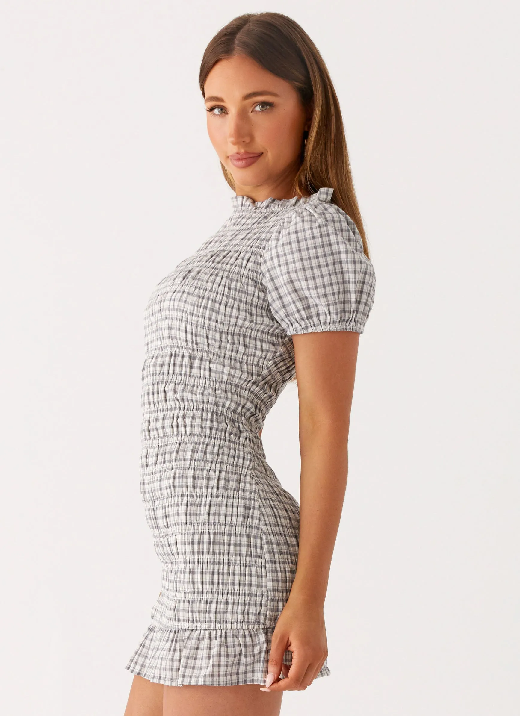 Millicent Ruched Mini Dress - Grey Check sold by Peppermayo product image thumbnail 2