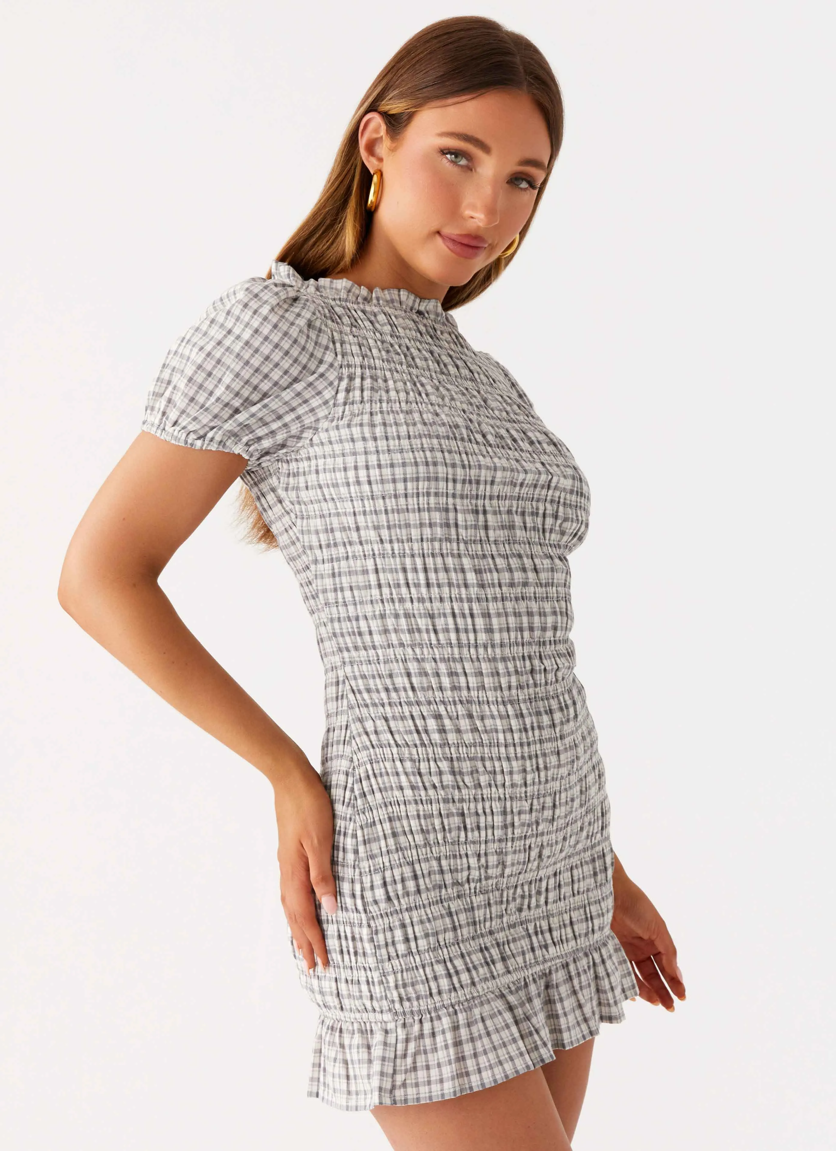 Millicent Ruched Mini Dress - Grey Check sold by Peppermayo product image thumbnail 5