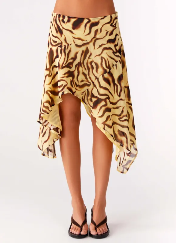 Kia Low Rise Asymmetrical Midi Skirt - Laguna Print sold by Peppermayo