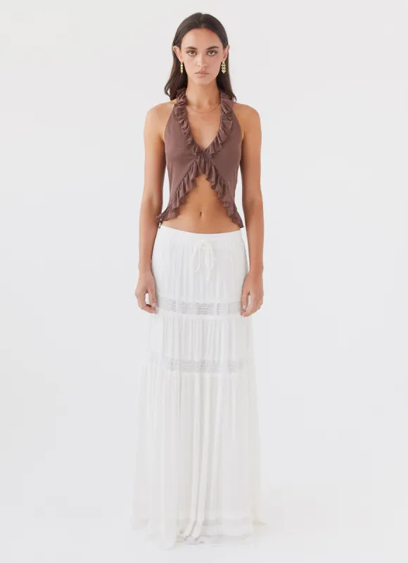 Tanya Mesh Frill Top - Chocolate sold by Peppermayo