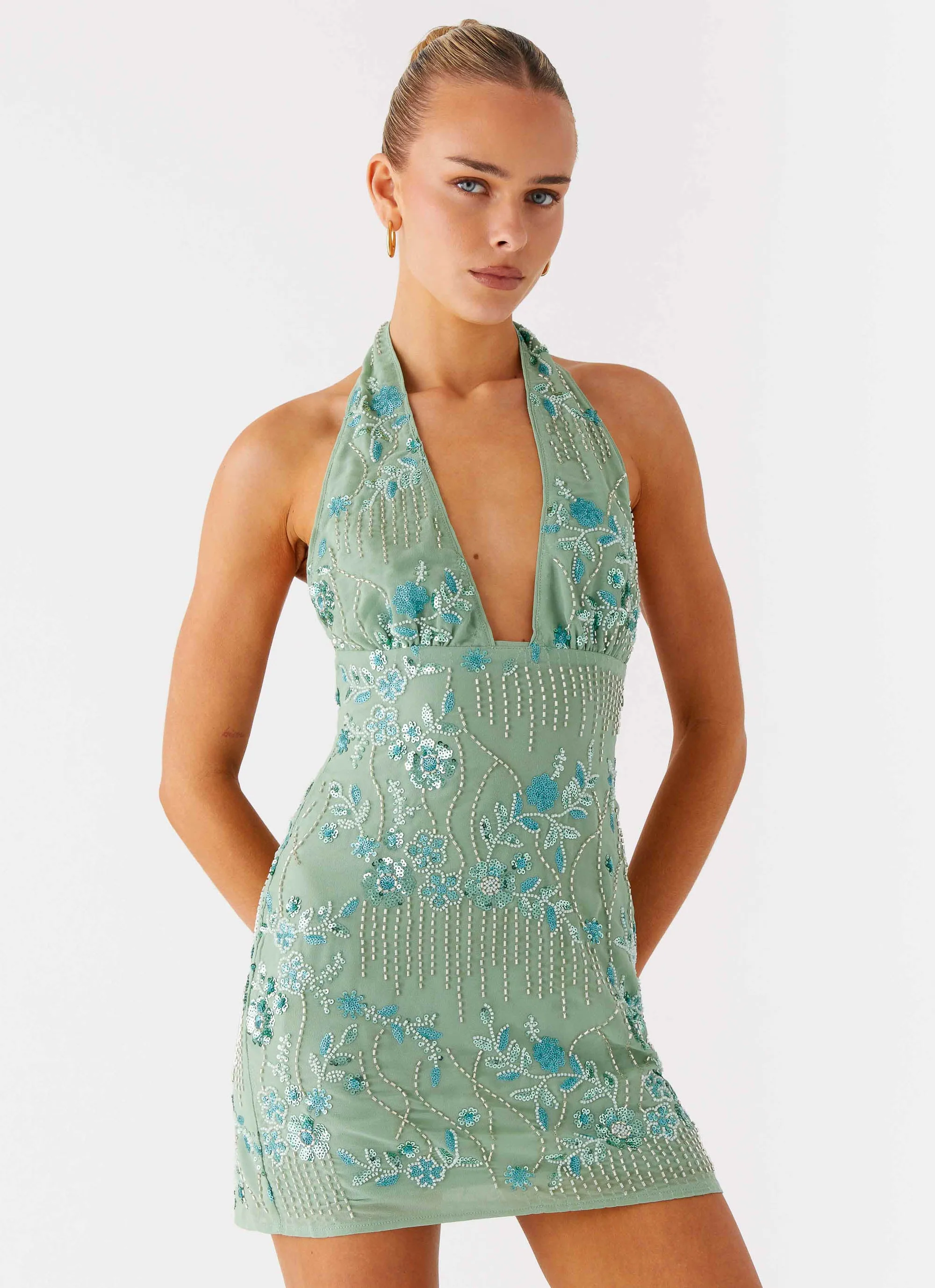 Monet Beaded Mini Dress - Mint sold by Peppermayo