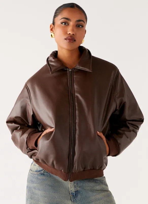 Outlands Faux Leather Bomber Jacket - Chocolate sold by Peppermayo