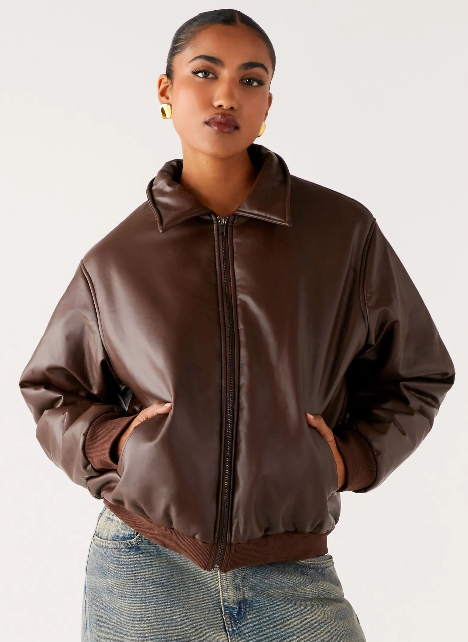 Outlands Faux Leather Bomber Jacket - Chocolate sold by Peppermayo