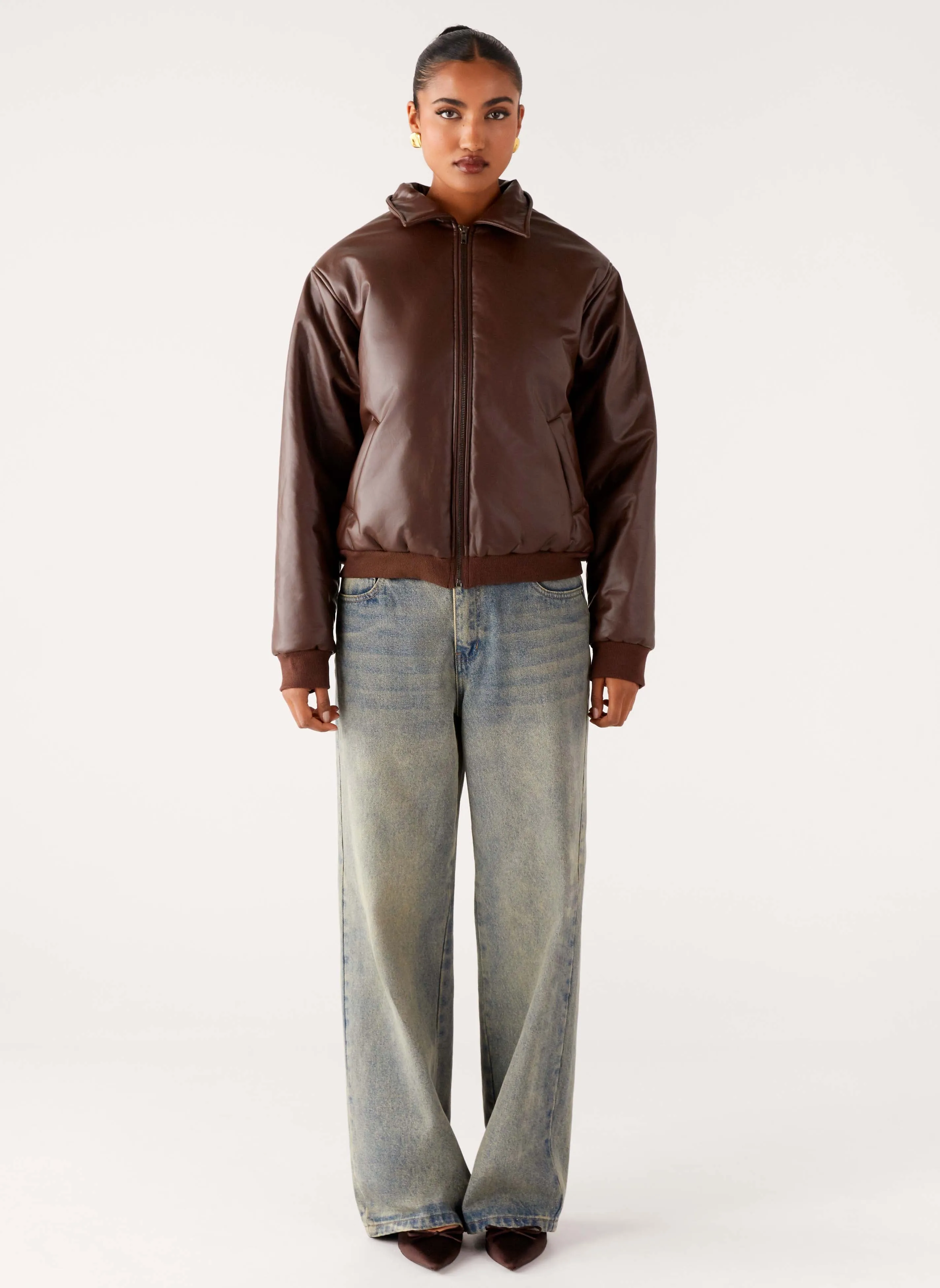Outlands Faux Leather Bomber Jacket - Chocolate sold by Peppermayo product image thumbnail 2
