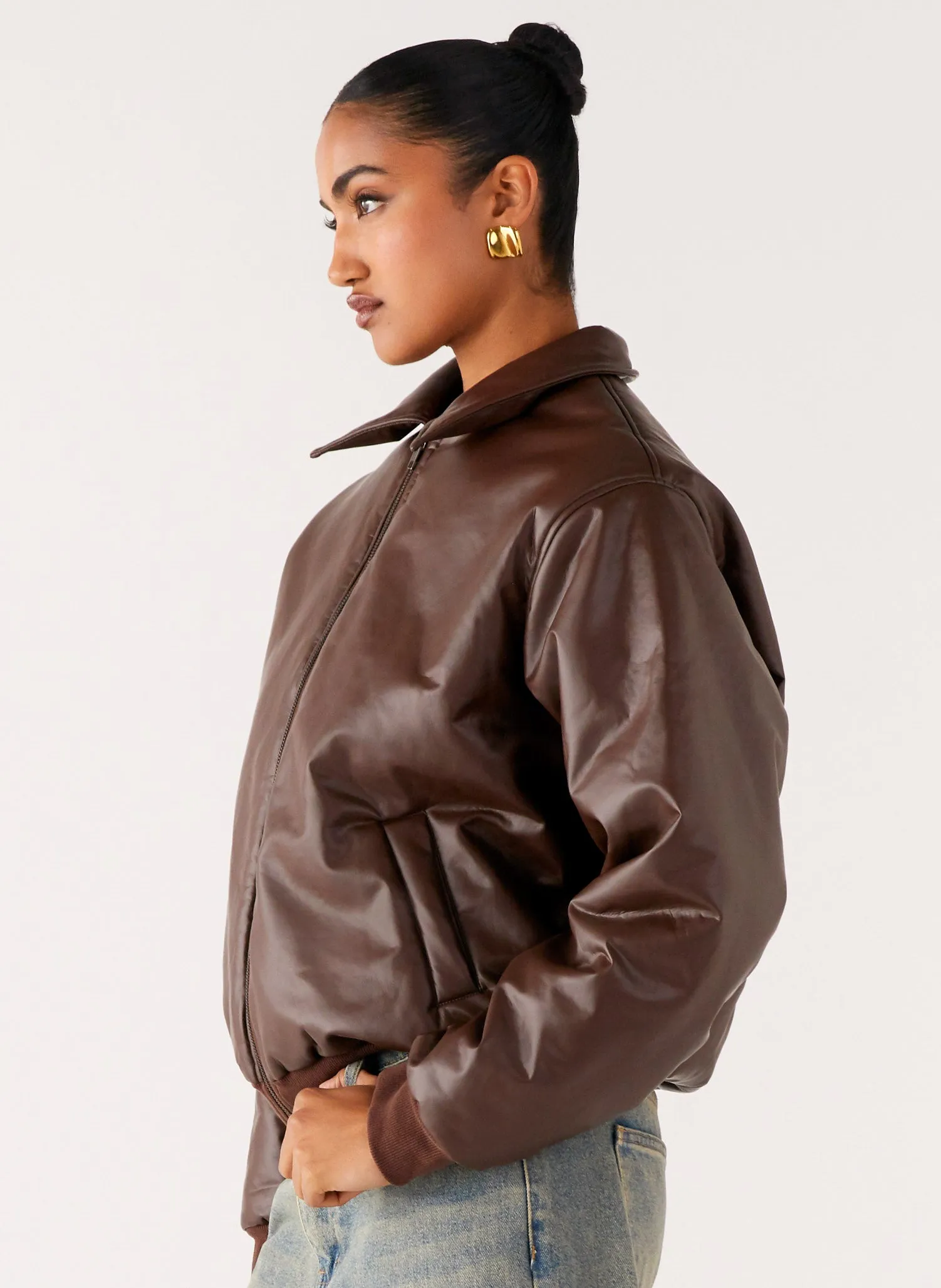 Outlands Faux Leather Bomber Jacket - Chocolate sold by Peppermayo product image thumbnail 3