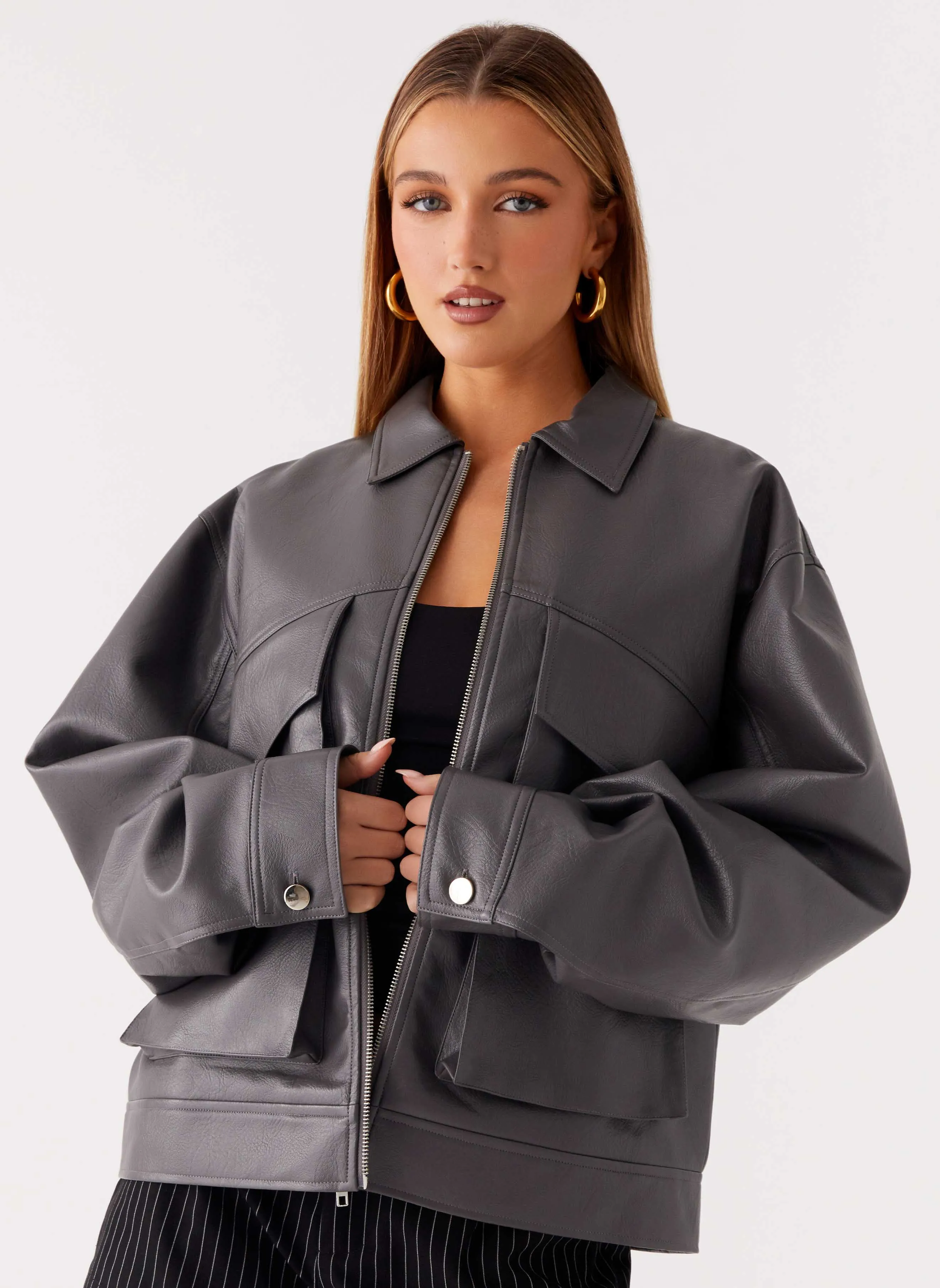 Lula Faux Leather Bomber Jacket - Charcoal sold by Peppermayo product image thumbnail 5