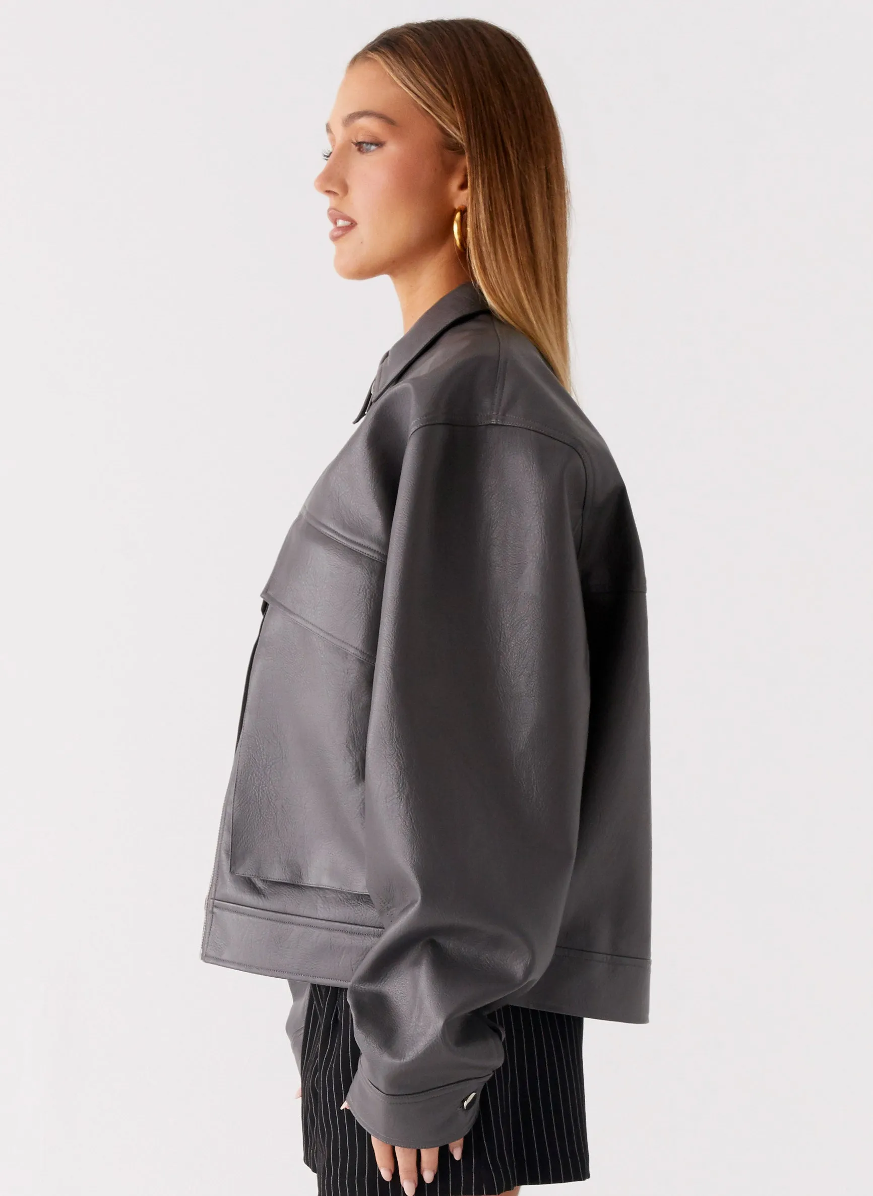 Lula Faux Leather Bomber Jacket - Charcoal sold by Peppermayo product image thumbnail 3