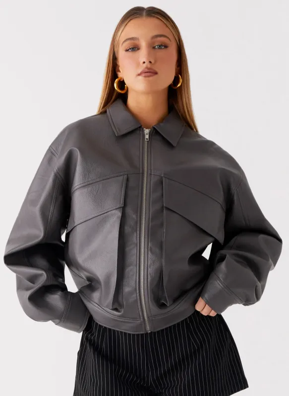 Lula Faux Leather Bomber Jacket - Charcoal sold by Peppermayo