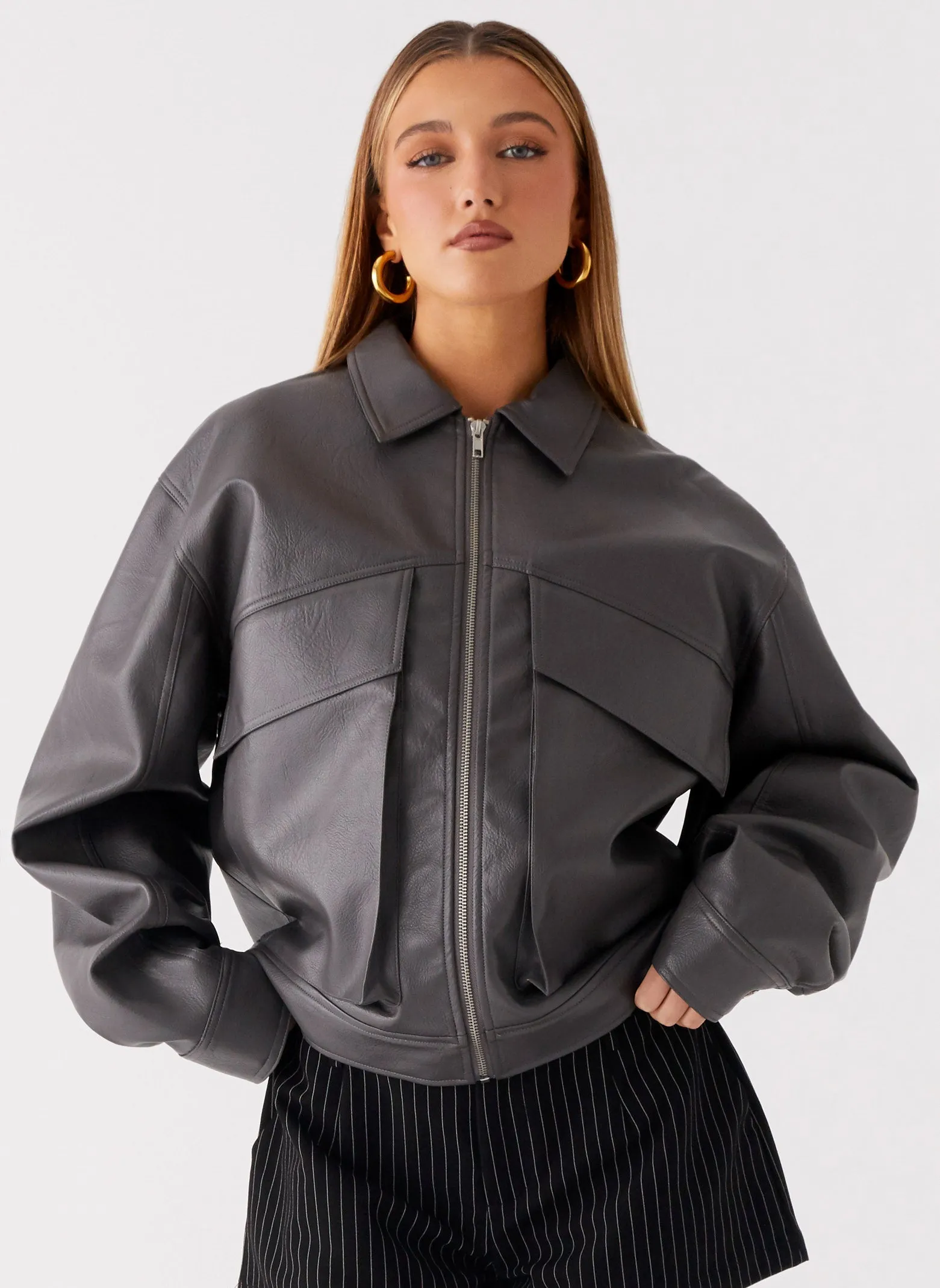 Lula Faux Leather Bomber Jacket - Charcoal sold by Peppermayo