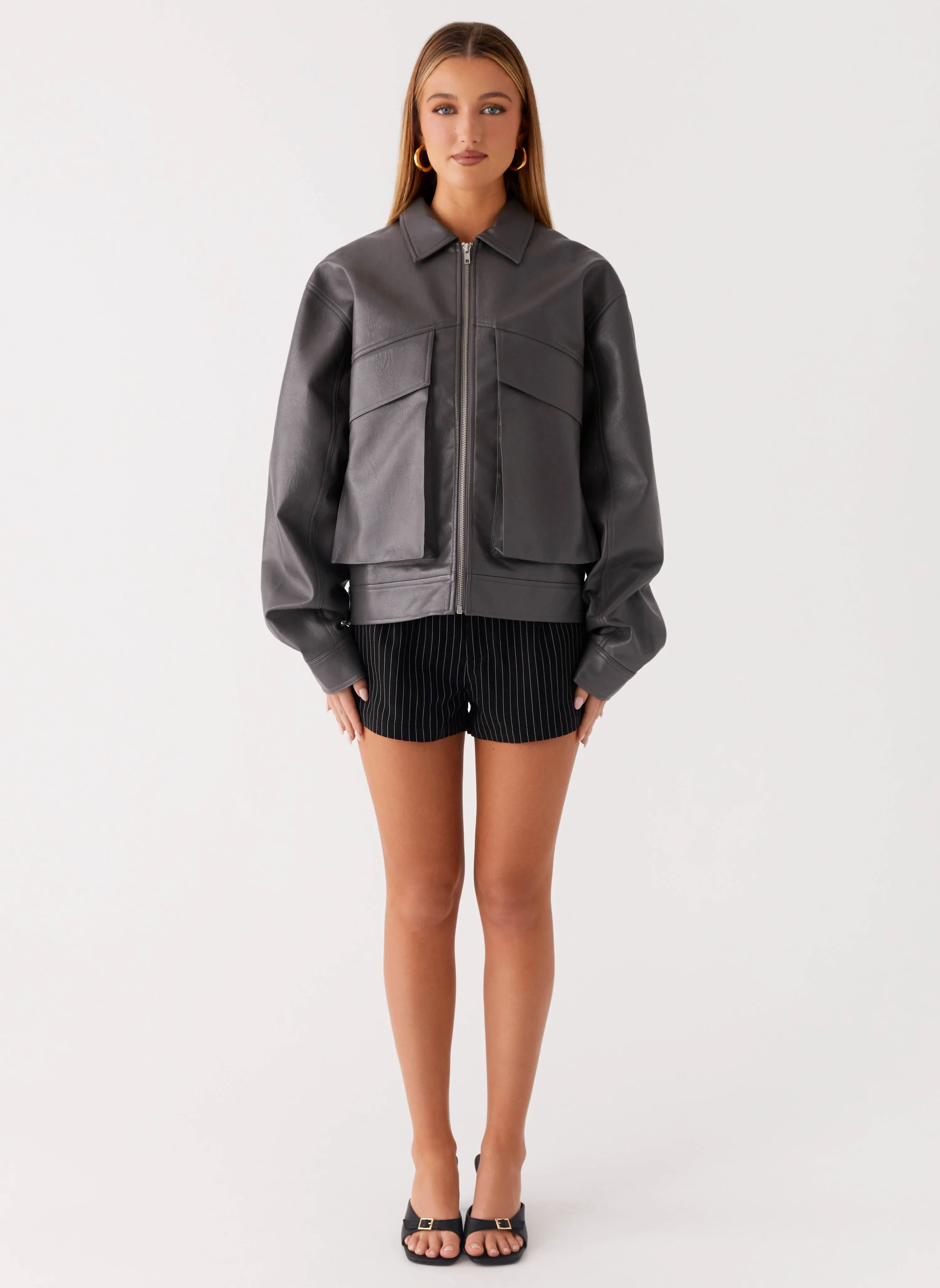 Lula Faux Leather Bomber Jacket - Charcoal sold by Peppermayo product image thumbnail 2