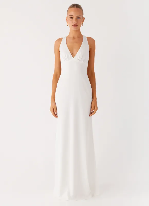 Desi Halterneck Maxi Dress - White sold by Peppermayo