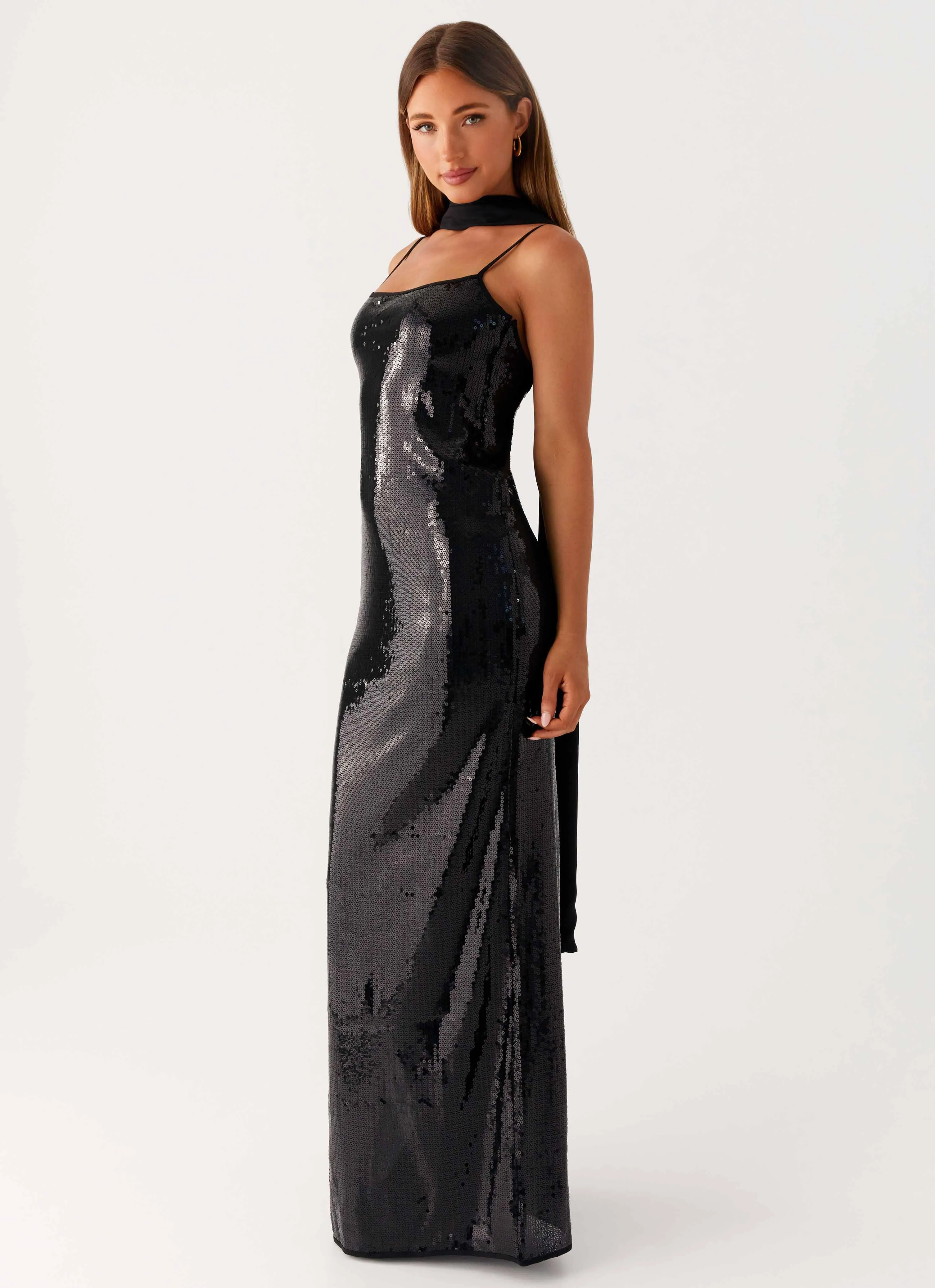 Scarf Neck Sequins Maxi Dress - Black sold by Peppermayo