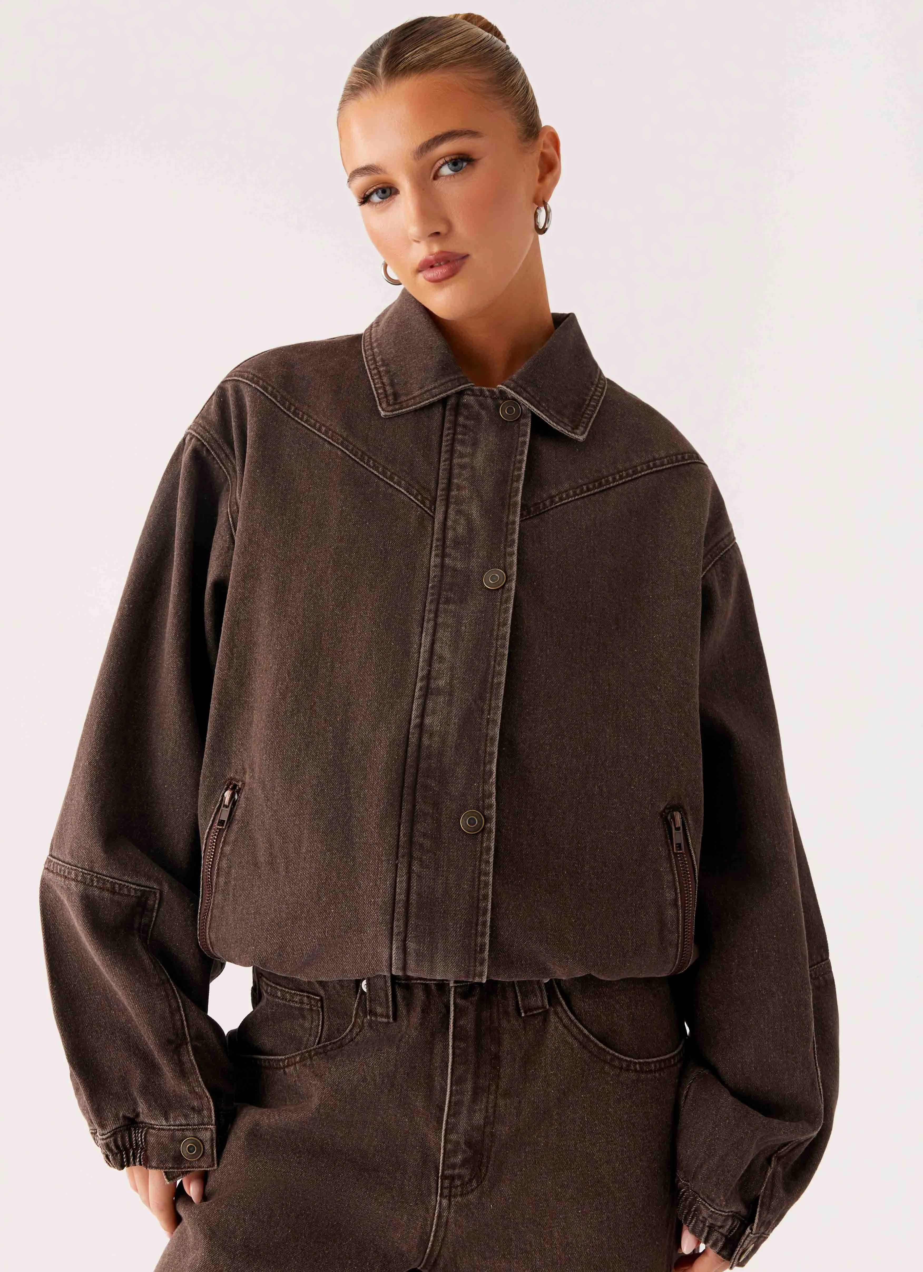 Midwest Washed Denim Bomber Jacket - Light Wash Chocolate sold by Peppermayo product image thumbnail 5