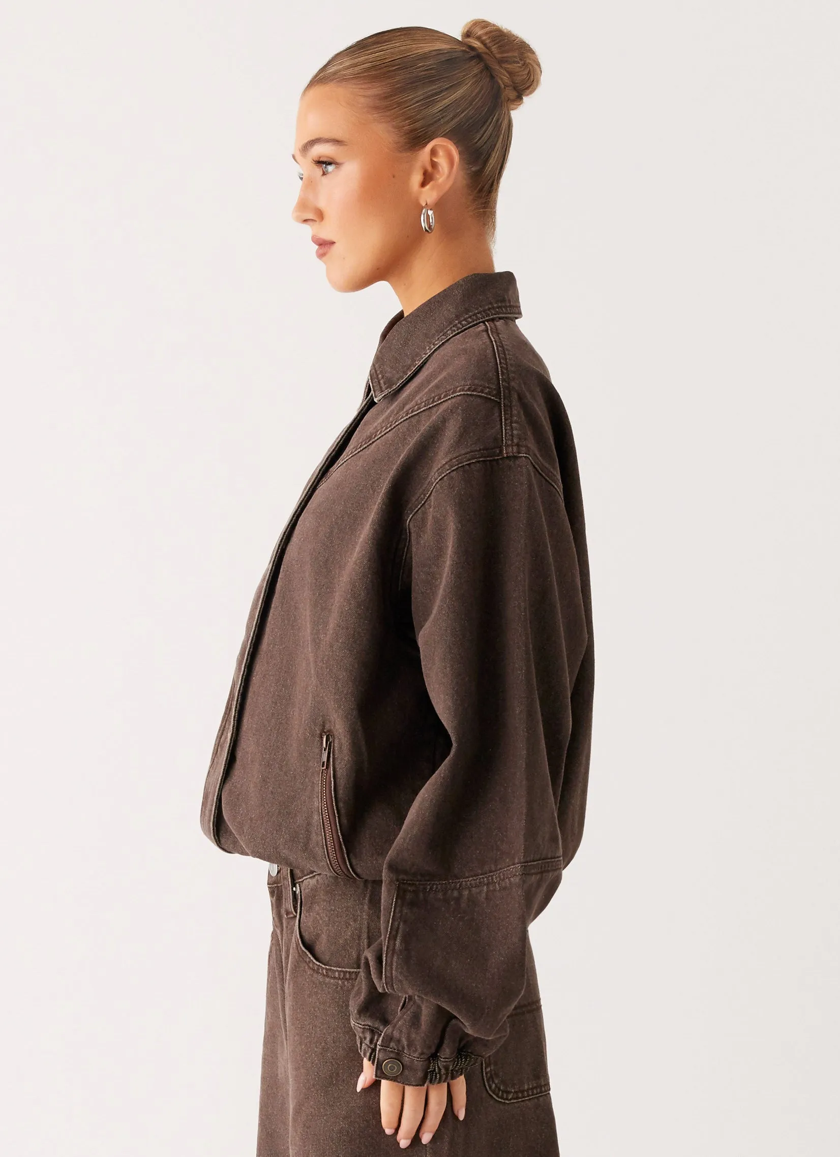 Midwest Washed Denim Bomber Jacket - Light Wash Chocolate sold by Peppermayo product image thumbnail 3