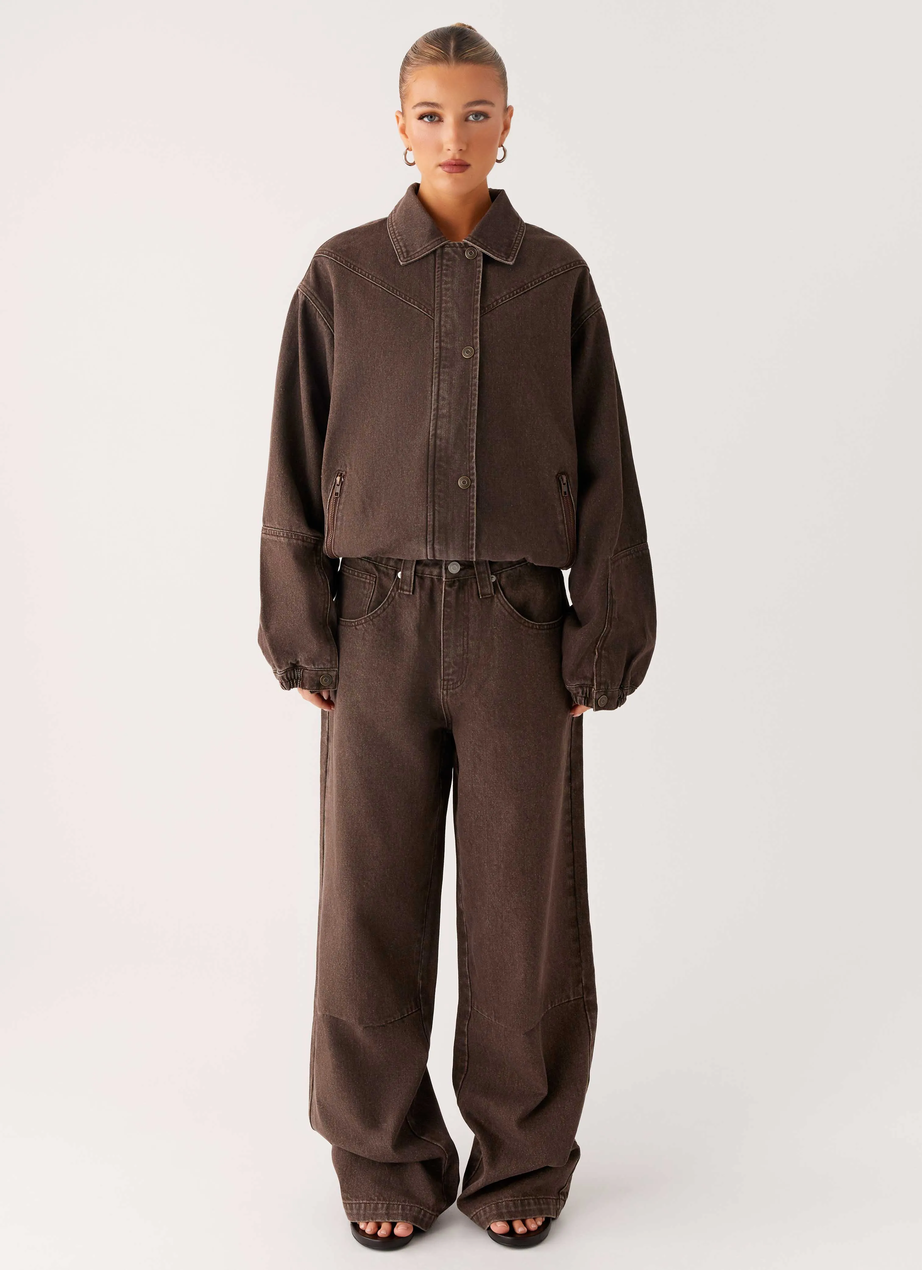 Midwest Washed Denim Bomber Jacket - Light Wash Chocolate sold by Peppermayo product image thumbnail 2