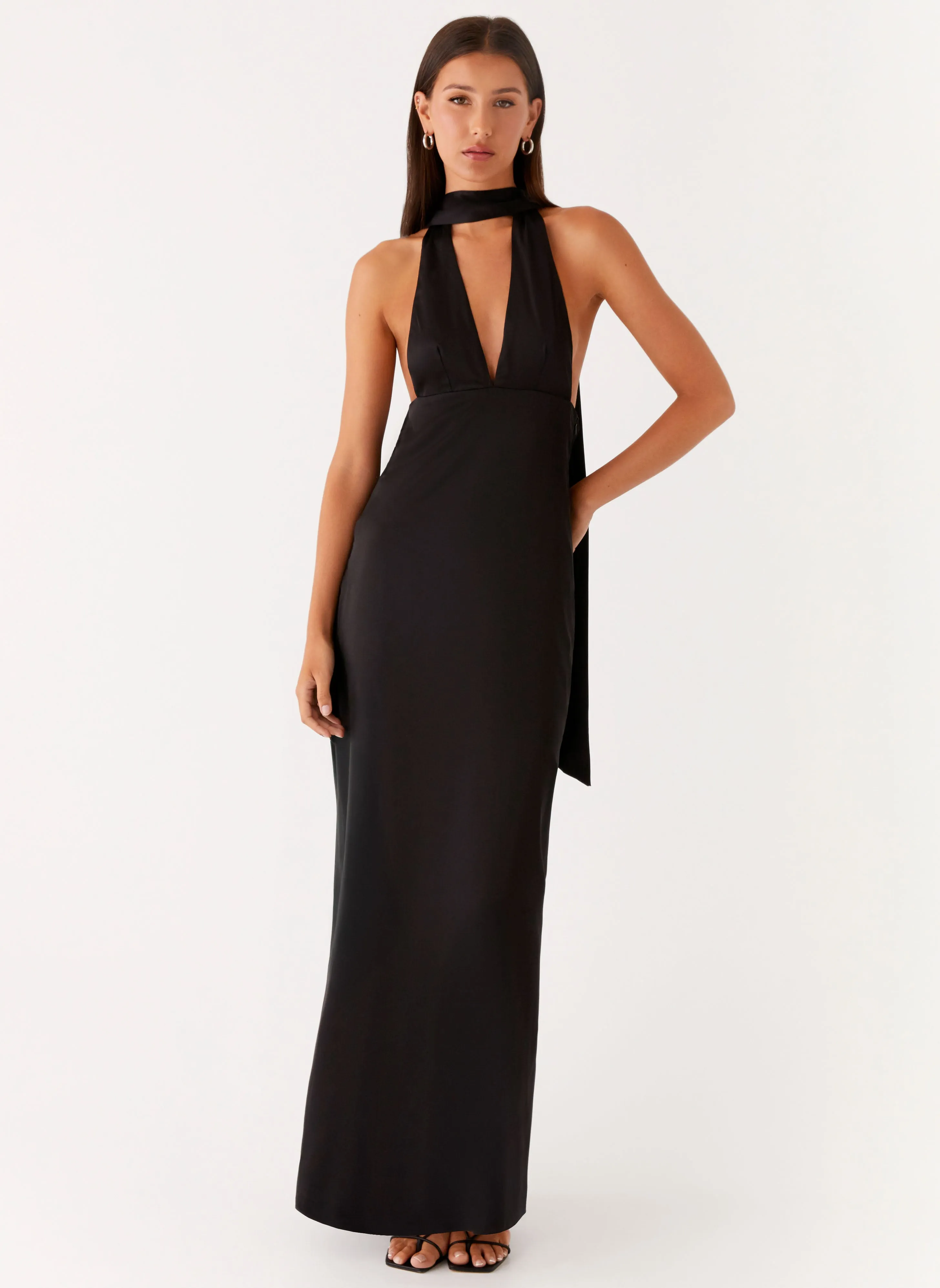 Alicia Satin Halter Maxi Dress - Black sold by Peppermayo
