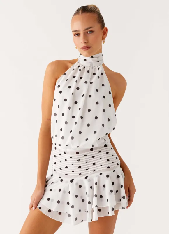 Willow Chiffon Mini Dress - White Polka Dot sold by Peppermayo
