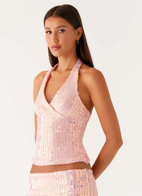 Been That Girl Halter Knit Sequin Top - Iridescent Pink sold by Peppermayo