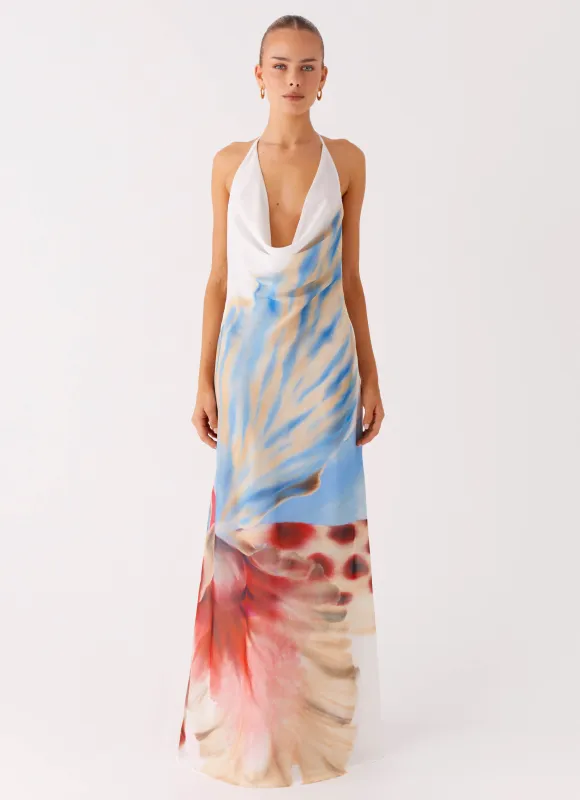 Stars Align Cowl Maxi Dress - White Sea Bloom sold by Peppermayo