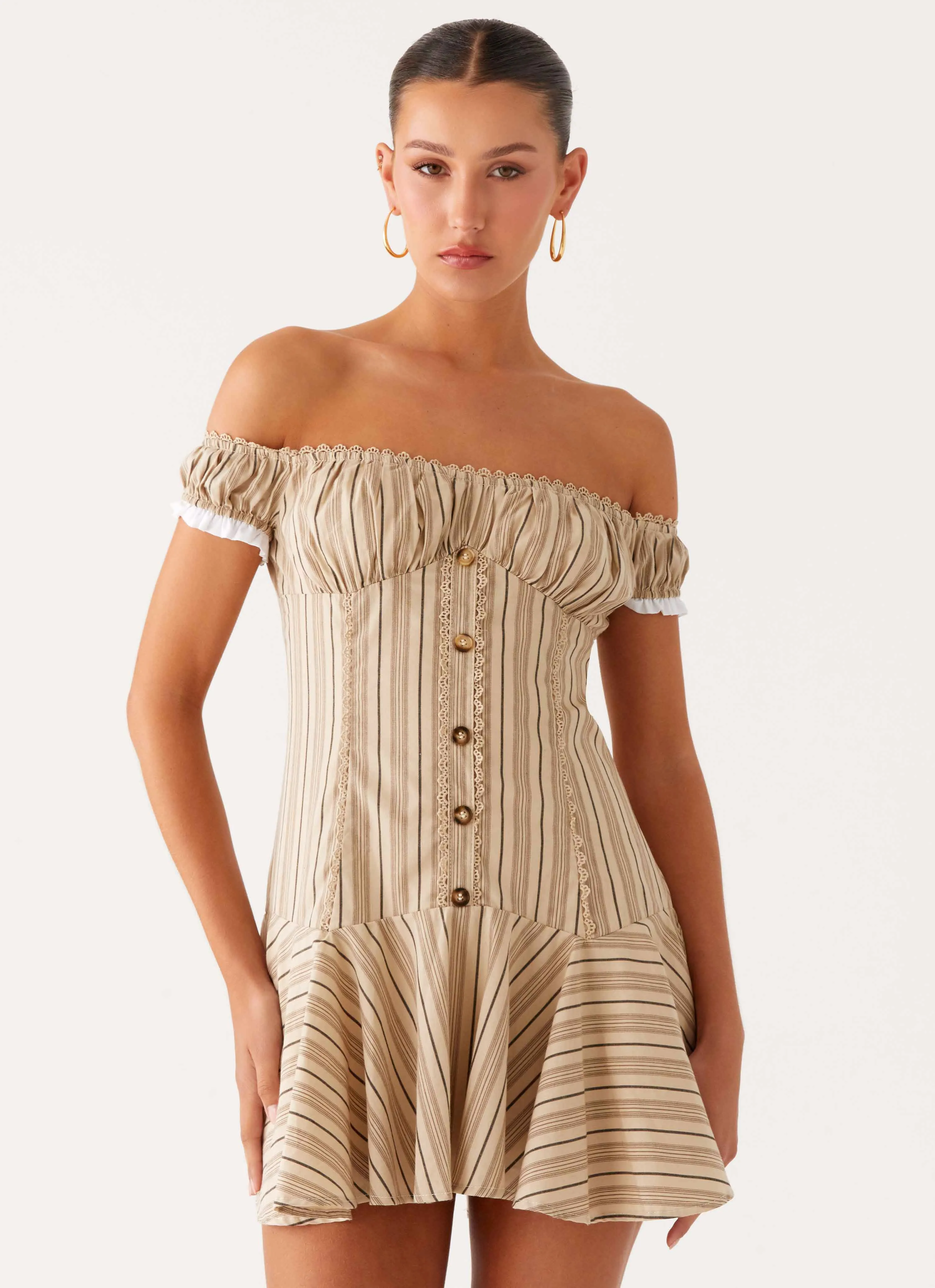 Jumana Off Shoulder Mini Dress - Off White Stripe sold by Peppermayo product image thumbnail 5