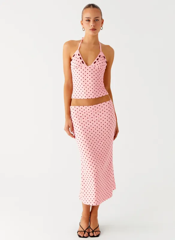 Bahama Low Rise Midi Skirt - Strawberry Dot sold by Peppermayo