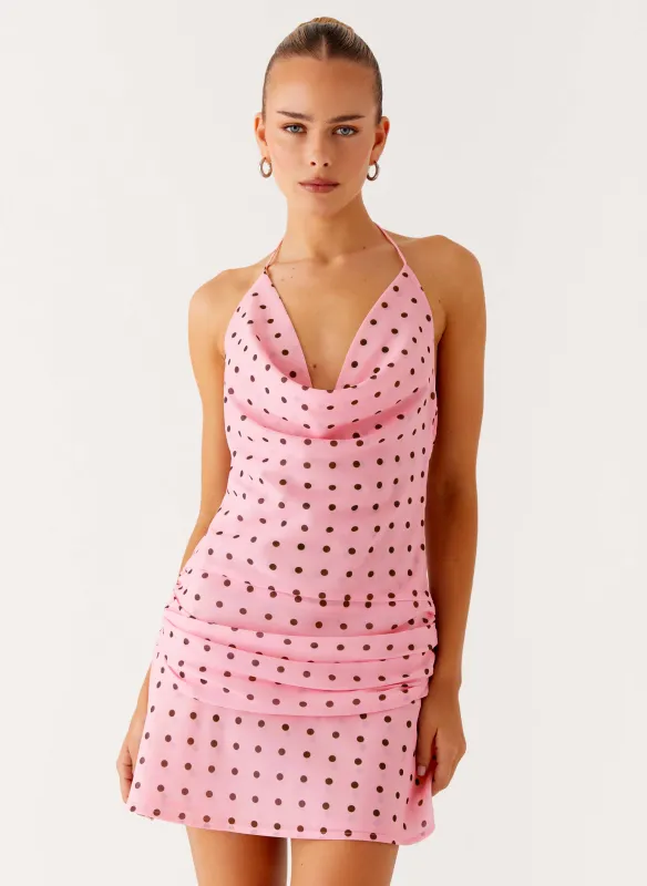 Cyna Cowl Mini Dress - Strawberry Dot made by Peppermayo