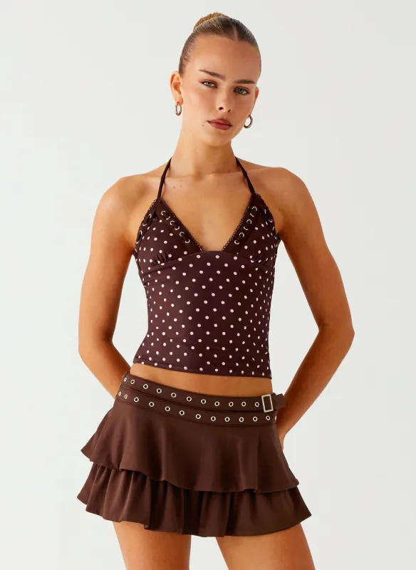 Bahama Eyelet Lace Up Top - Chocolate Strawberry Dot sold by Peppermayo