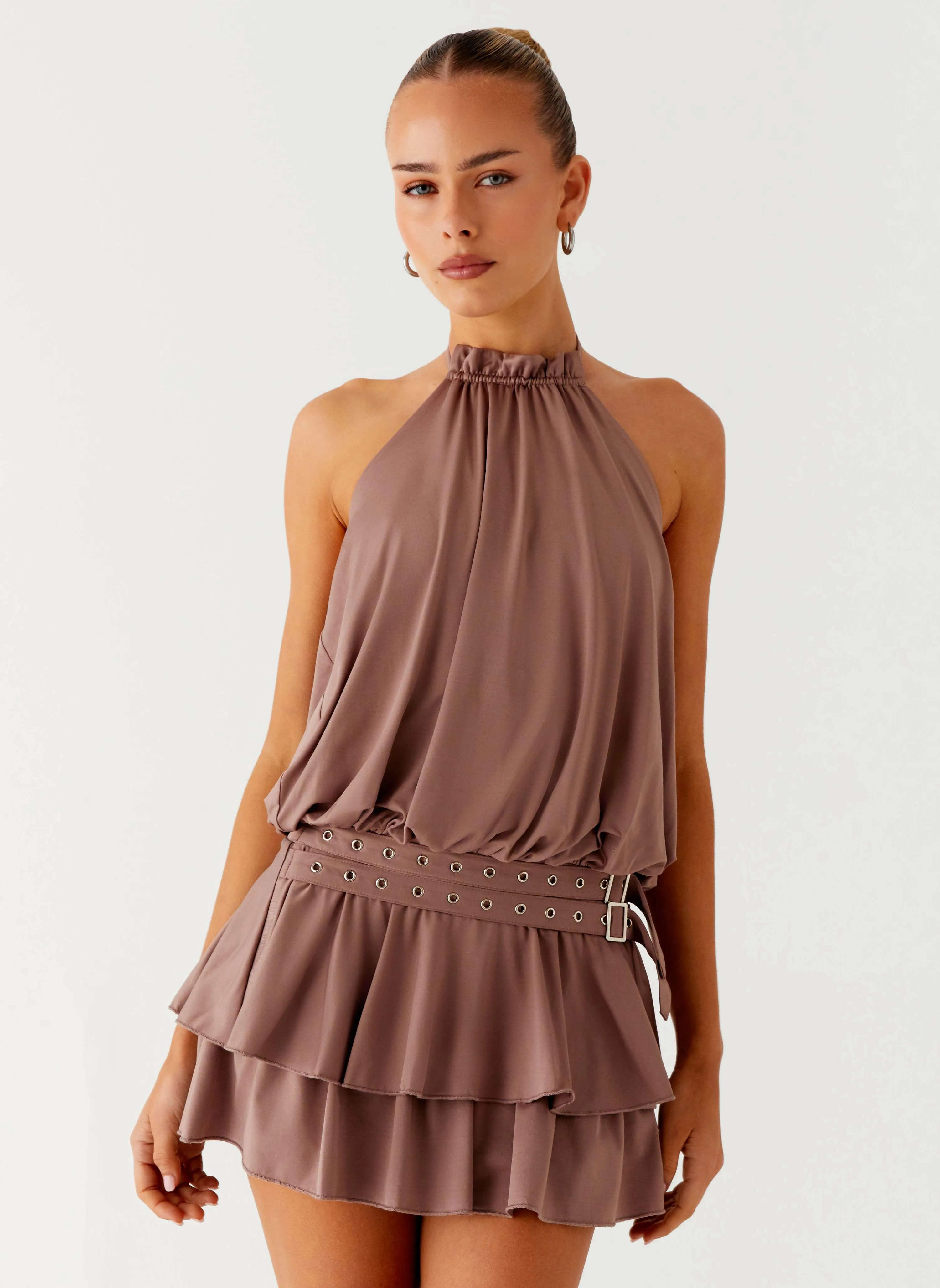 Dopamine Belt Mini Dress - Taupe sold by Peppermayo