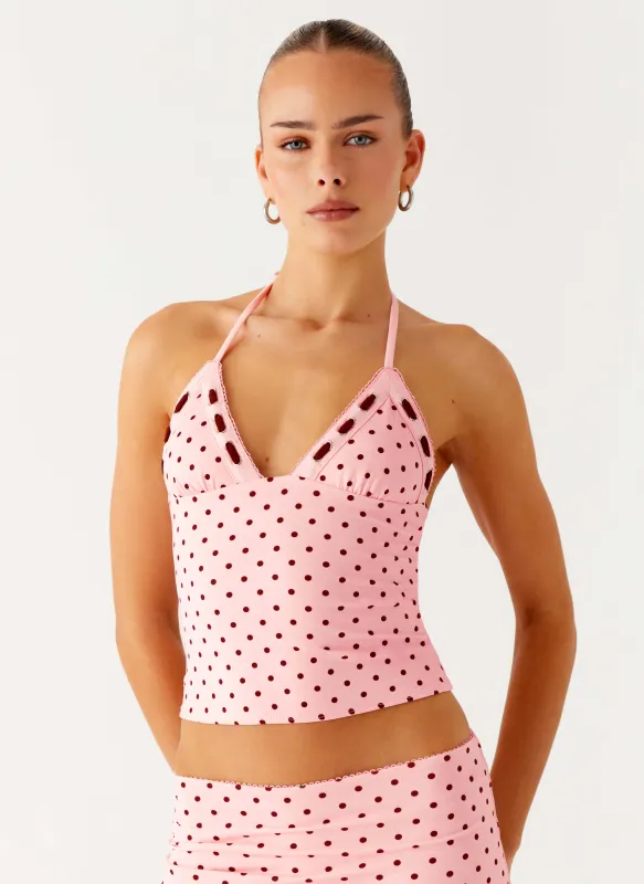 Bahama Eyelet Lace Up Top - Strawberry Dot sold by Peppermayo
