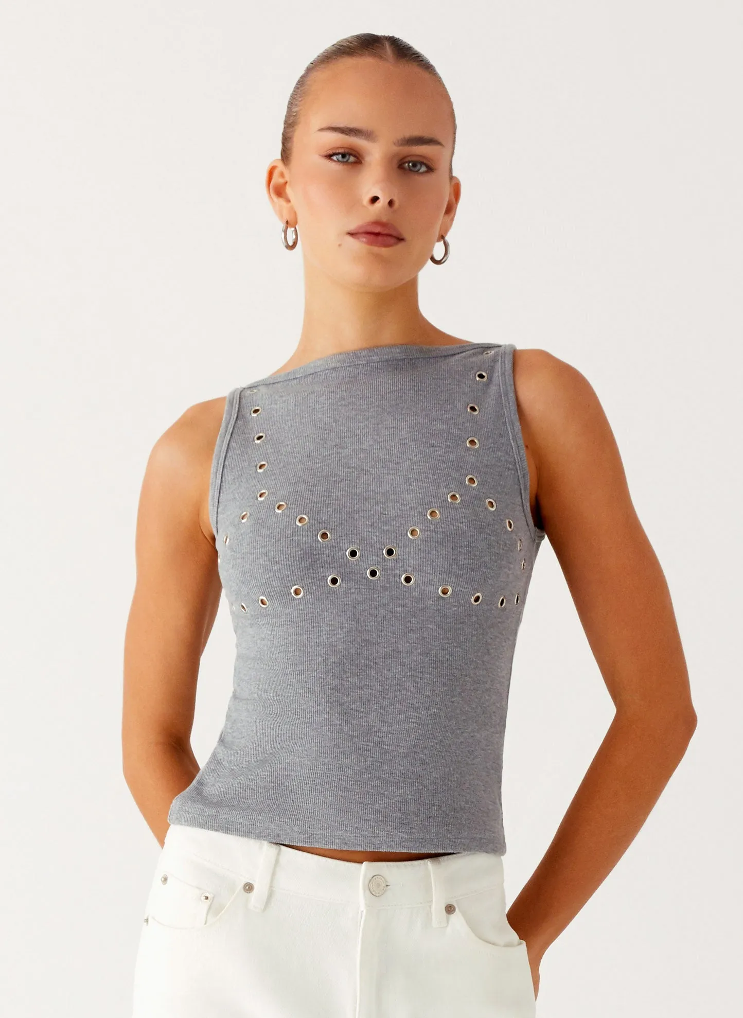 Drop Top Ribbed Eyelet Tank Top - Marle Grey sold by Peppermayo