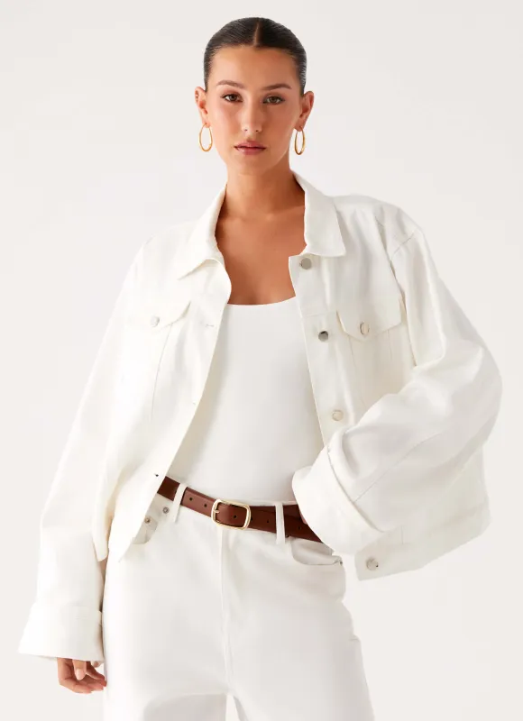 Back Again Oversized Denim Jacket - White sold by Peppermayo