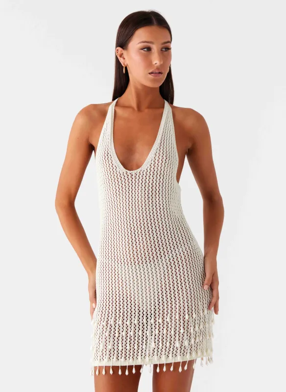 Pearl Shore Beaded Crochet Mini Dress - Ivory sold by Peppermayo