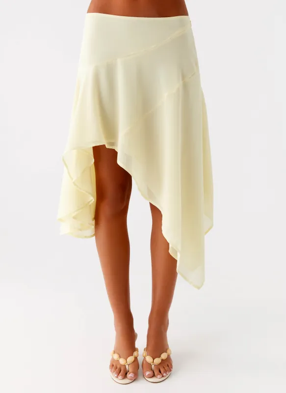 Kia Low Rise Asymmetrical Midi Skirt - Yellow sold by Peppermayo