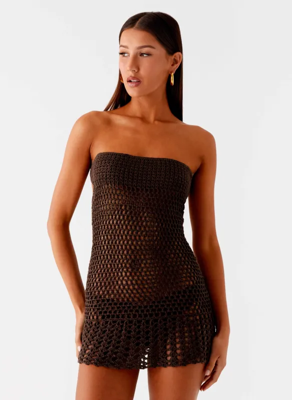Kaiane Strapless Crochet Mini Dress - Chocolate made by Peppermayo